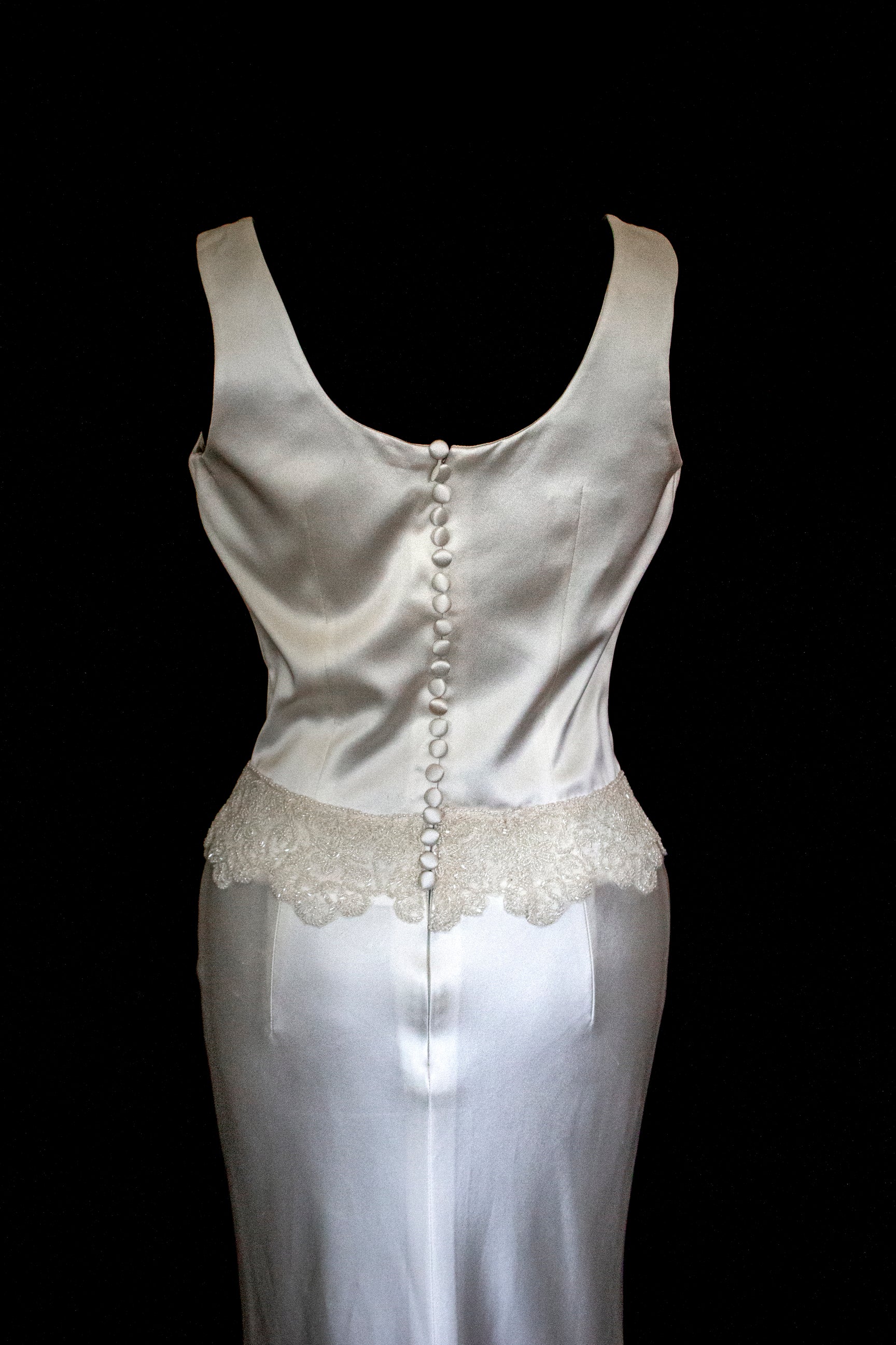 360 - VINTAGE SLIP STYLE WEDDING DRESS: CREAM FLUID SATIN GOWN WITH EMBROIDERED TULLE CAPE