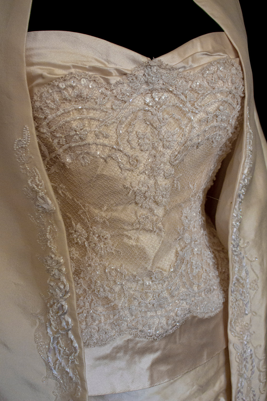 334 - IVORY SILK MIKADO VINTAGE WEDDING DRESS: COLUMN GOWN WITH EMBROIDERED CAPE & CRYSTALS - Vague atelier