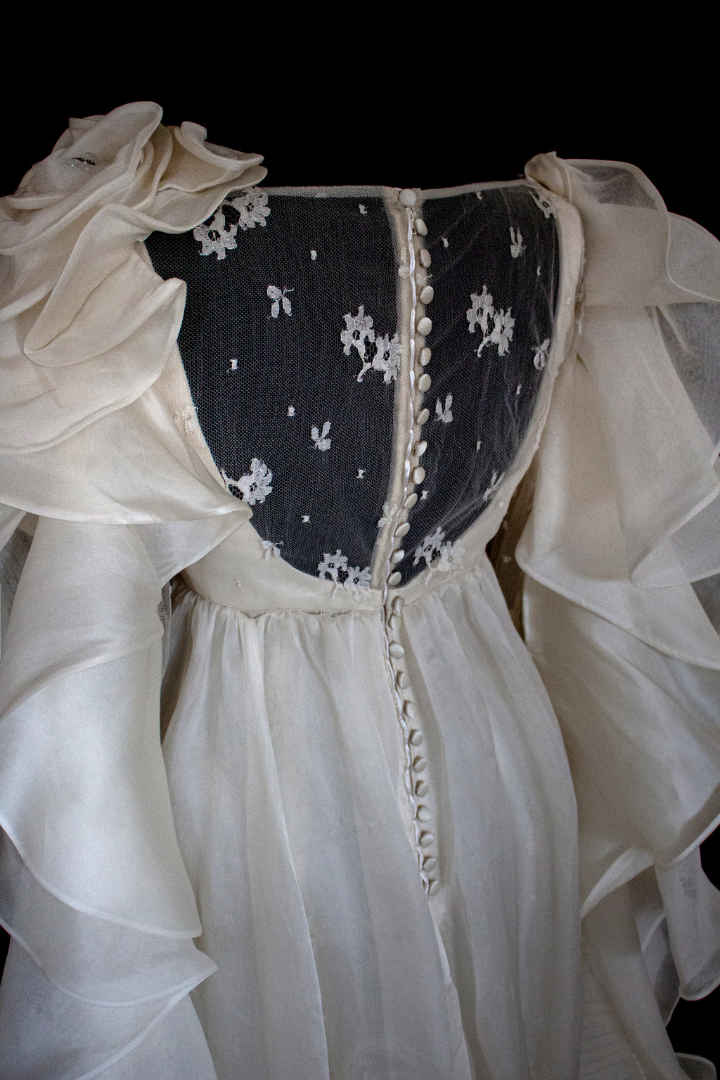 340 - OFF-WHITE SILK ORGANZA & ECRU LACE UPCYCLED WEDDING DRESS: UNIQUE EMPIRE GOWN WITH PLEATED WINGS