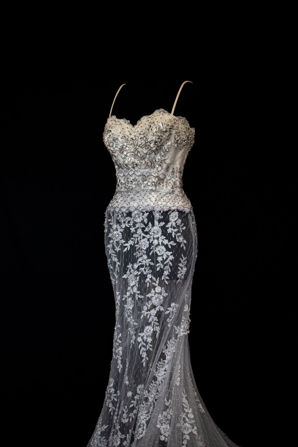 239 - VINTAGE OFF-WHITE MERMAID SWAROVSKI WEDDING DRESS: GOWN WITH NUDE POLKA DOT TULLE & SILVER FLORAL EMBROIDERY