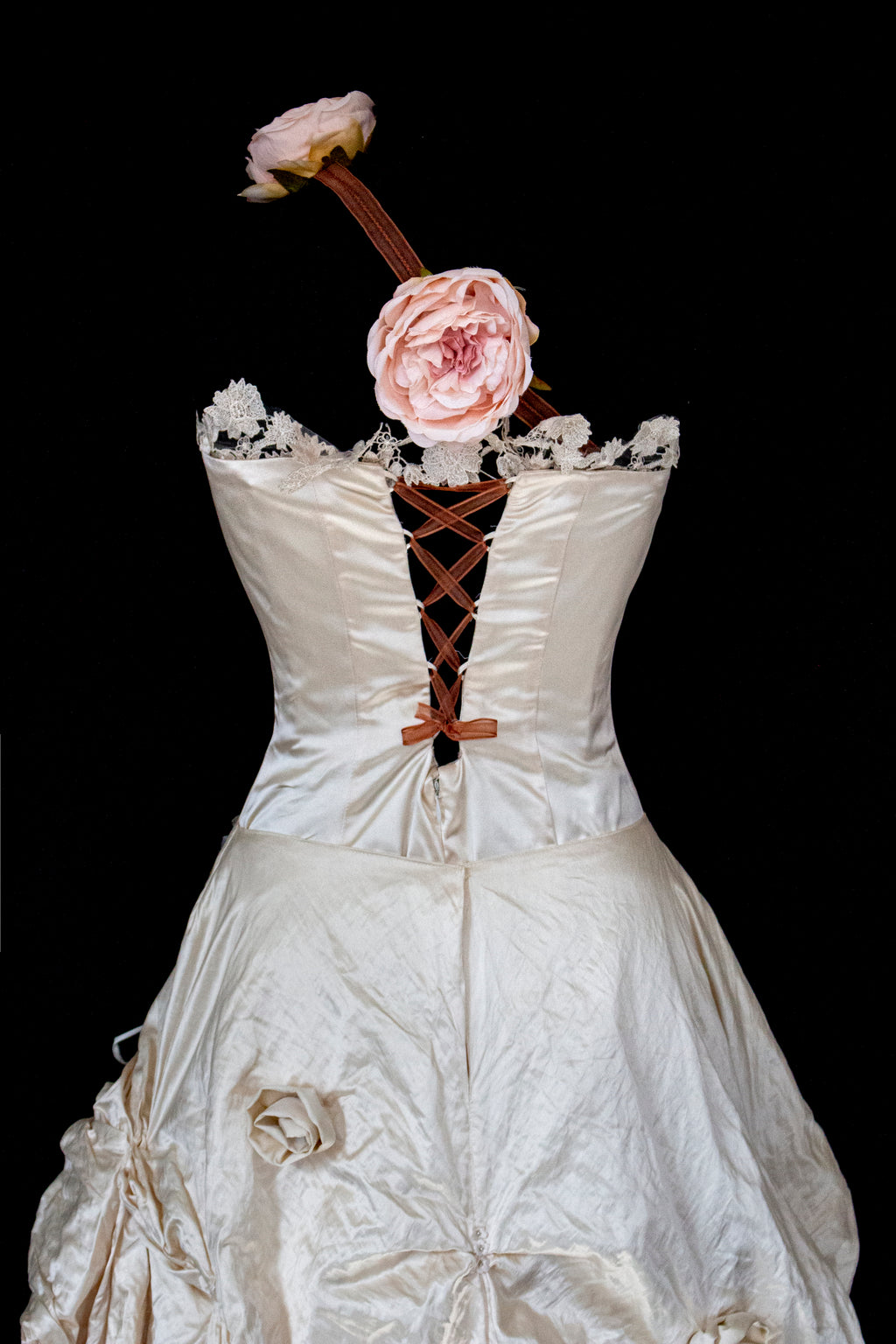 348 - UNIQUE UPCYCLED SILK MERMAID WEDDING DRESS: 90S CREAM TAFFETA GOWN WITH PINK PEONIES, EMBOSSED FLORAL DETAILS & BOHO ROMANTIC STYLE