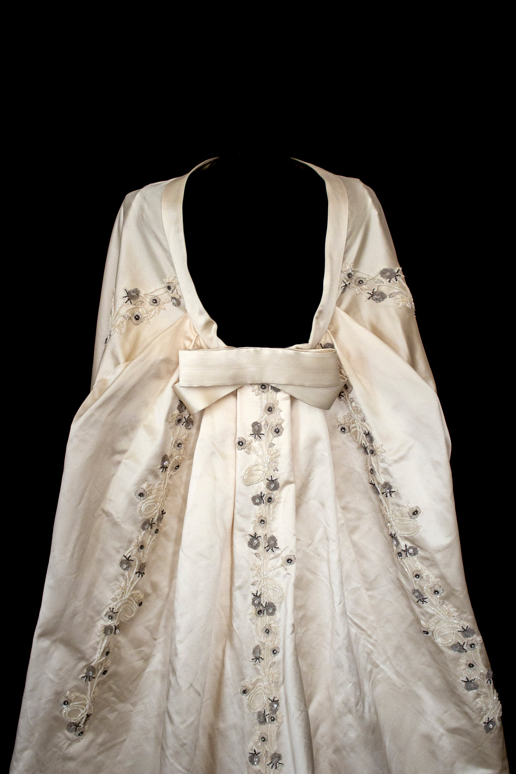 347 - UNIQUE UPCYCLED SILK SATIN WEDDING DRESS: POWDER PINK SLIP GOWN & IVORY CAPE ENSEMBLE, SILVER FLORAL EMBROIDERY, BOHO LUXURY