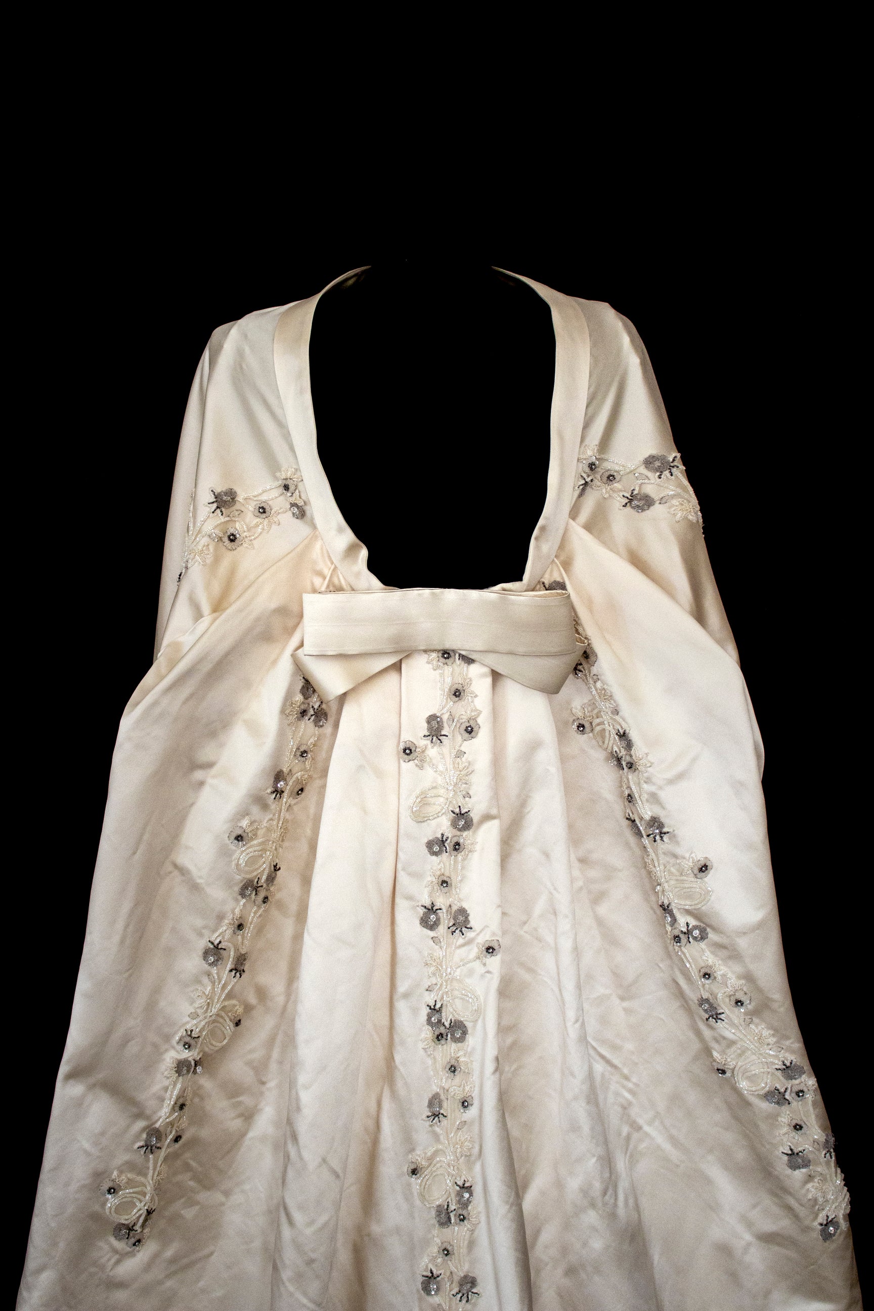 347 - UNIQUE UPCYCLED SILK SATIN WEDDING DRESS: POWDER PINK SLIP GOWN & IVORY CAPE ENSEMBLE, SILVER FLORAL EMBROIDERY, BOHO LUXURY
