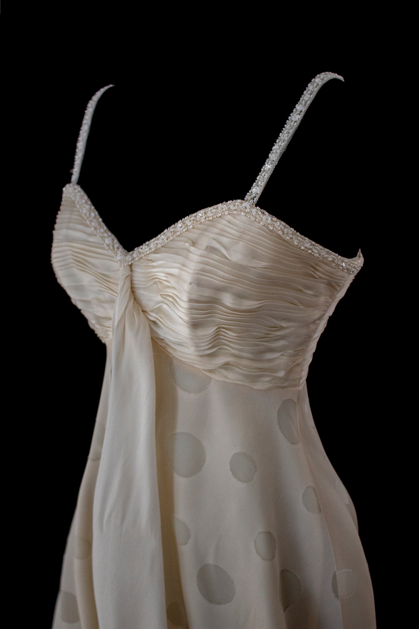 338 - IVORY CHAMPAGNE SILK ORGANZA WEDDING DRESS: POLKA / POIS DOT EMPIRE GOWN WITH BEADED STRAPS & FULL CIRCLE TRAIN - Vague atelier