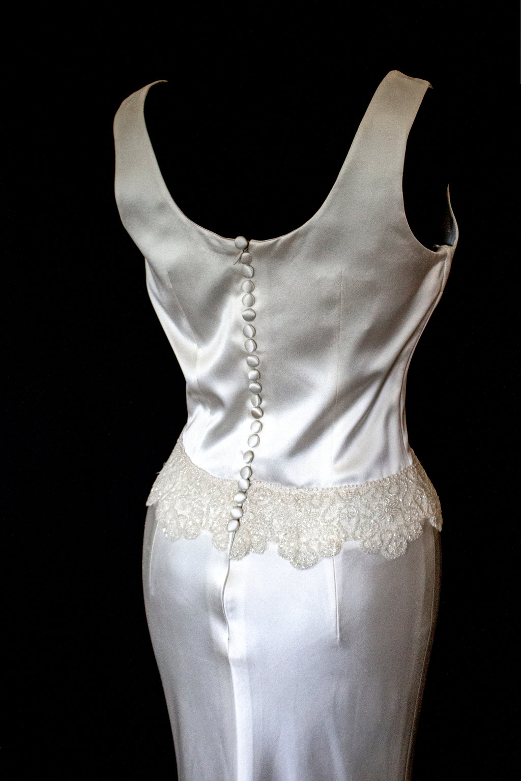 360 - VINTAGE SLIP STYLE WEDDING DRESS: CREAM FLUID SATIN GOWN WITH EMBROIDERED TULLE CAPE