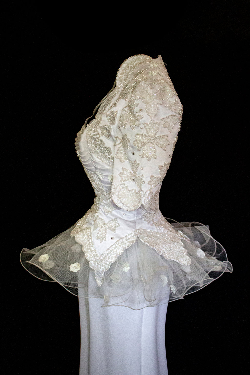 Vintage 80s Sheath Wedding Dress | Hand Embroidered Bridal Gown with Slit - 366