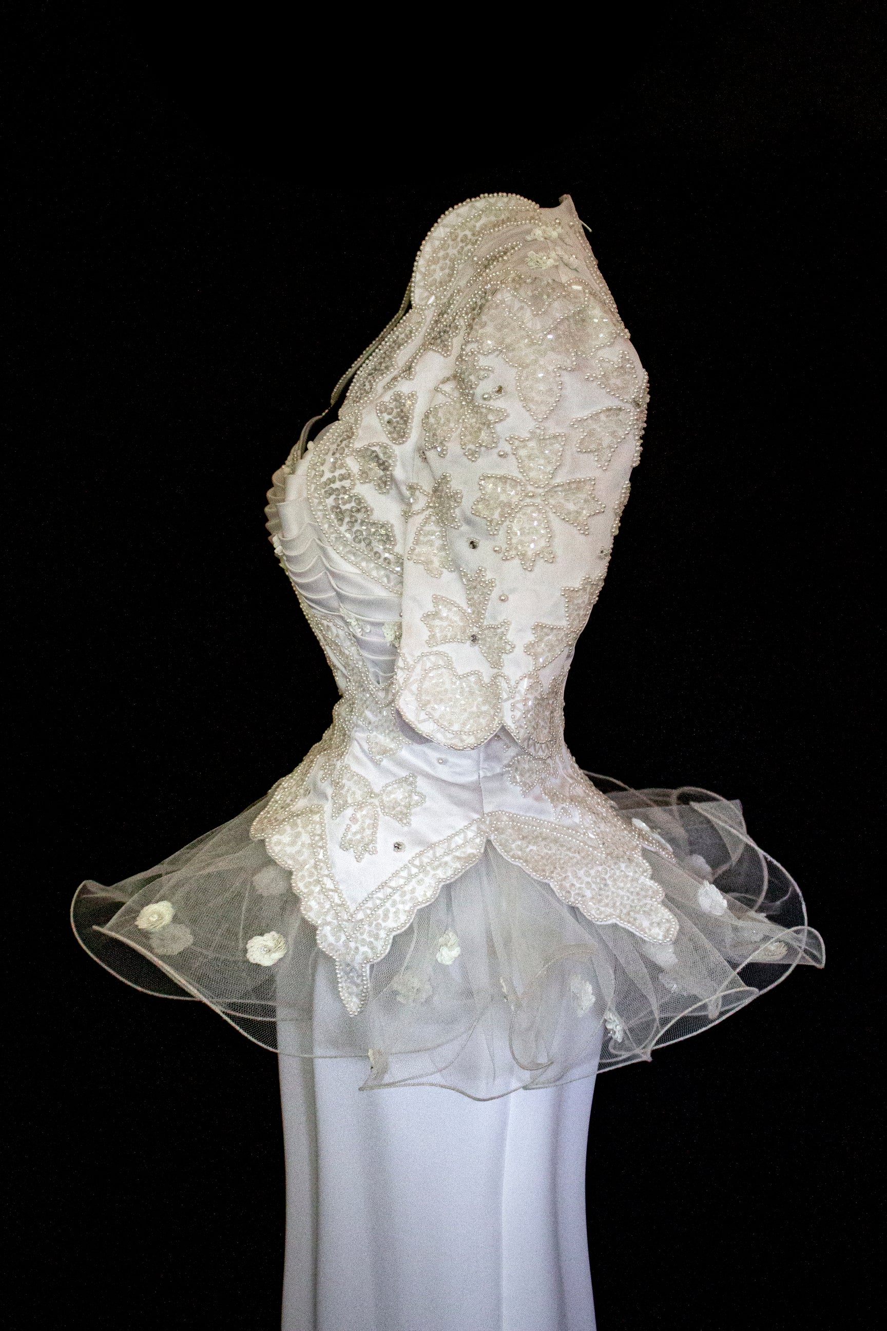 Vintage 80s Sheath Wedding Dress | Hand Embroidered Bridal Gown with Slit - 366