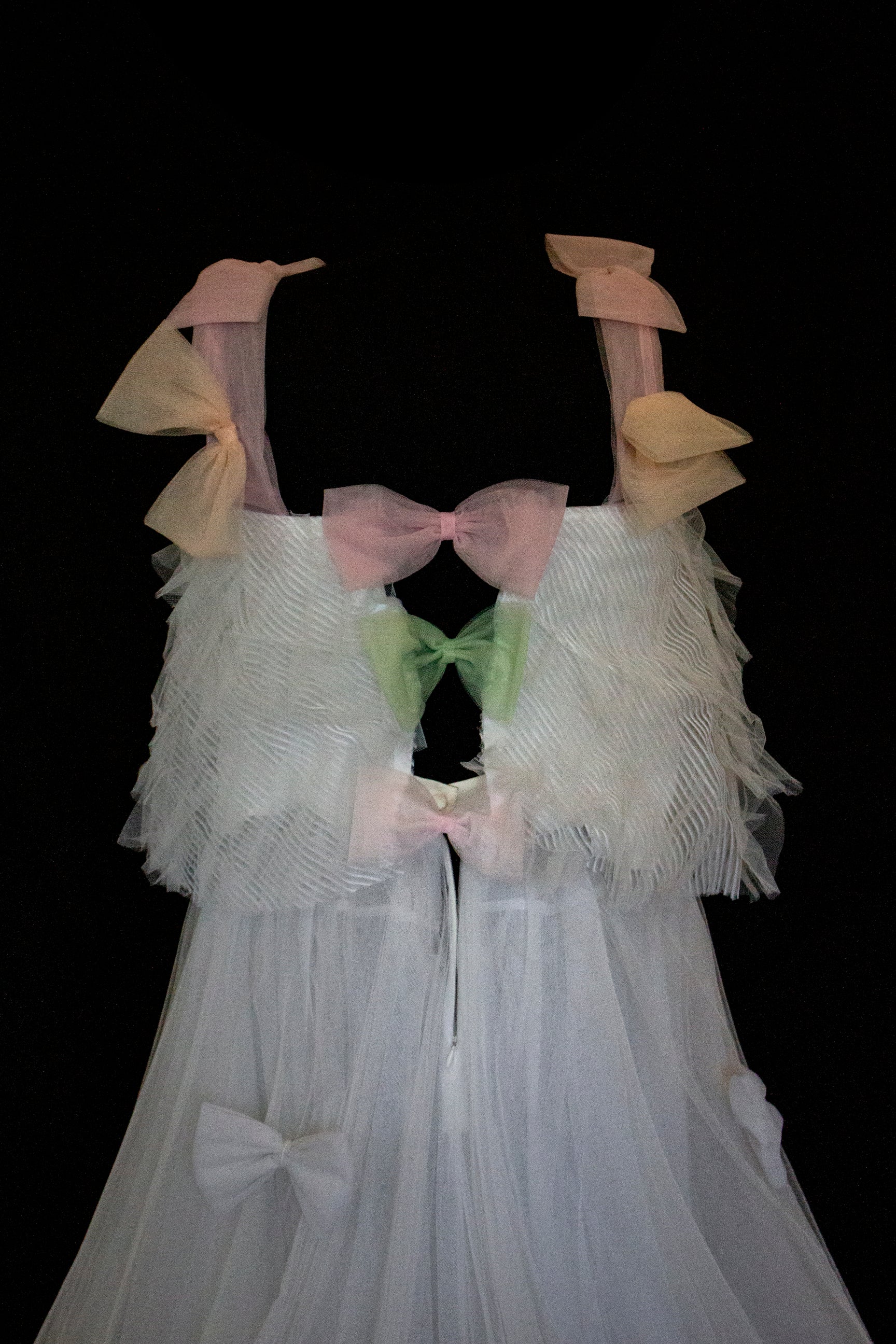 363 - VINTAGE 90s UPCYCLED TULLE 3-PIECE WEDDING DRESS: EMBROIDERED GOWN WITH HANDMADE BOWS AND CAPE