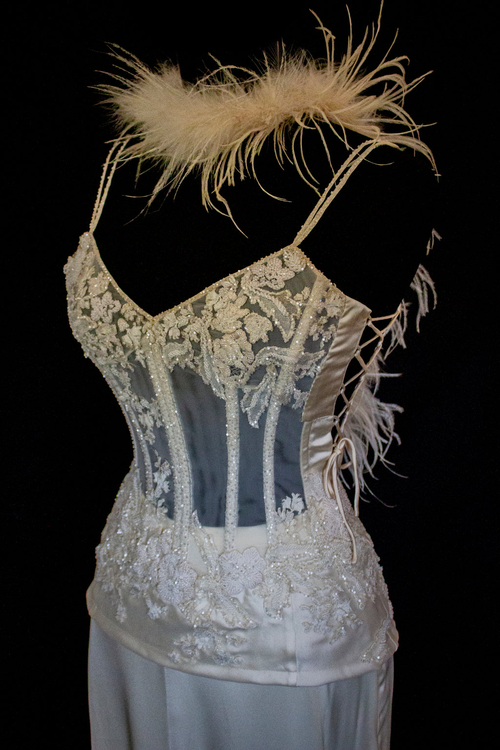 362 - VINTAGE 90s SILK BRIDAL TWO PIECE SET: EMBROIDERED BUSTIER AND FLUID CREAM SKIRT