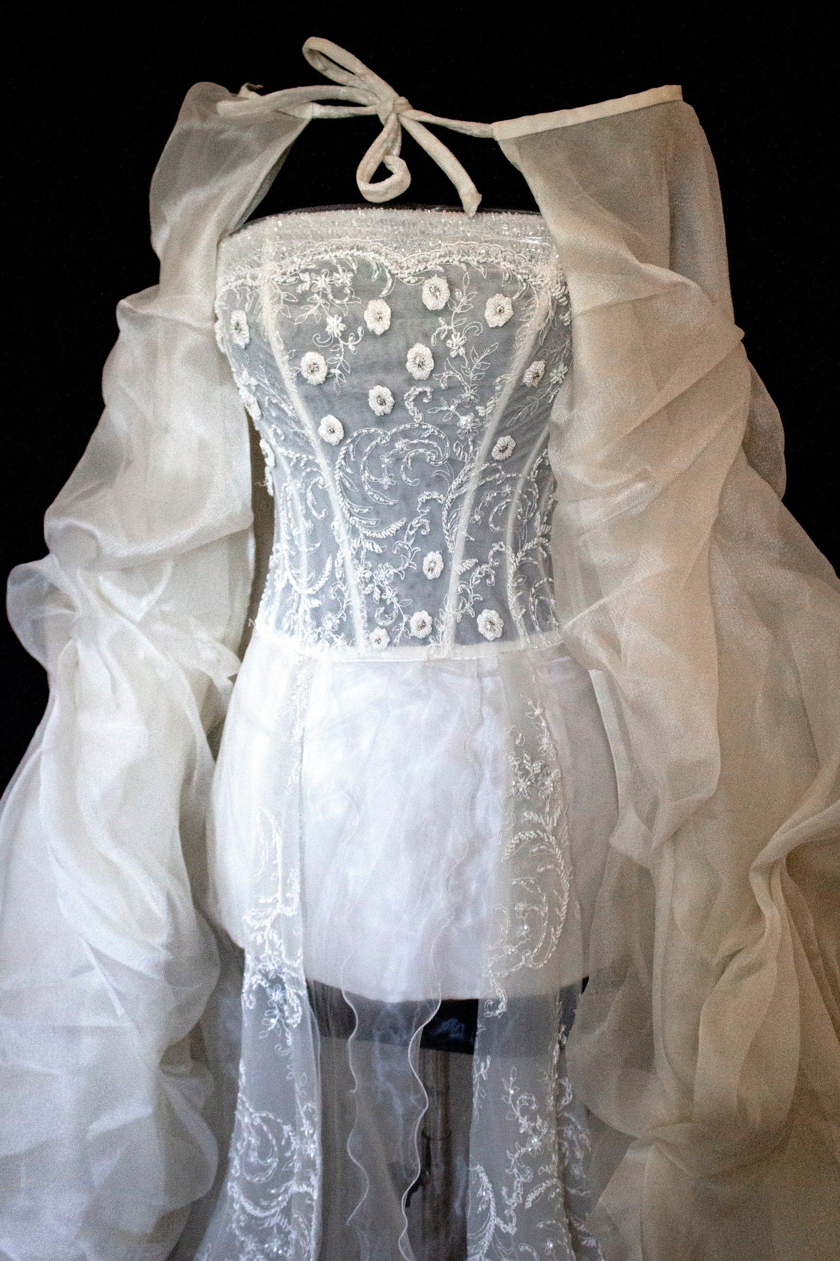 365 - VINTAGE 90s UPCYCLED EMBROIDERED WEDDING DRESS: STRAPLESS WRAP GOWN WITH IRIDESCENT DRAMA CAPE