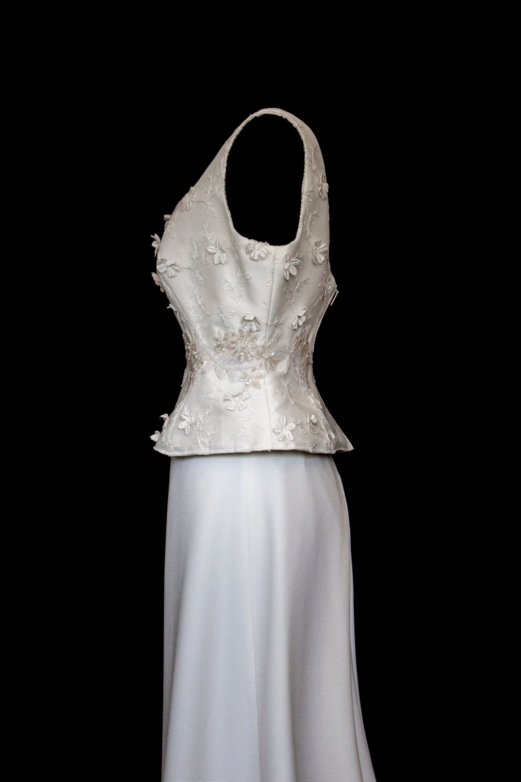 293 - UNIQUE UPCYCLED 3-PIECE BRIDAL SET: 3D FLORAL TOP, MIKADO SKIRT & BRIDAL VEST