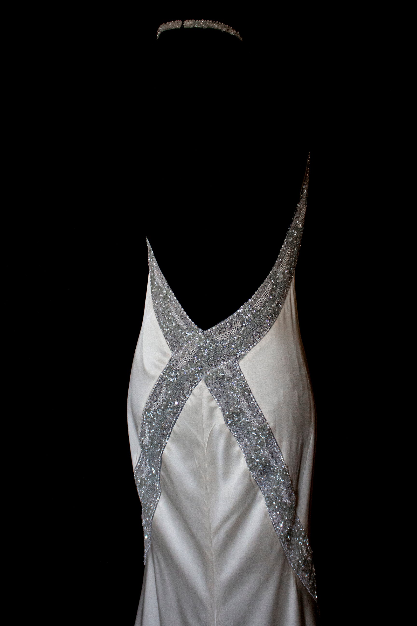 291 - OLD HOLLYWOOD VINTAGE MERMAID BRIDAL GOWN: BACKLESS SILK SATIN & ART DECO SILVER BEADING