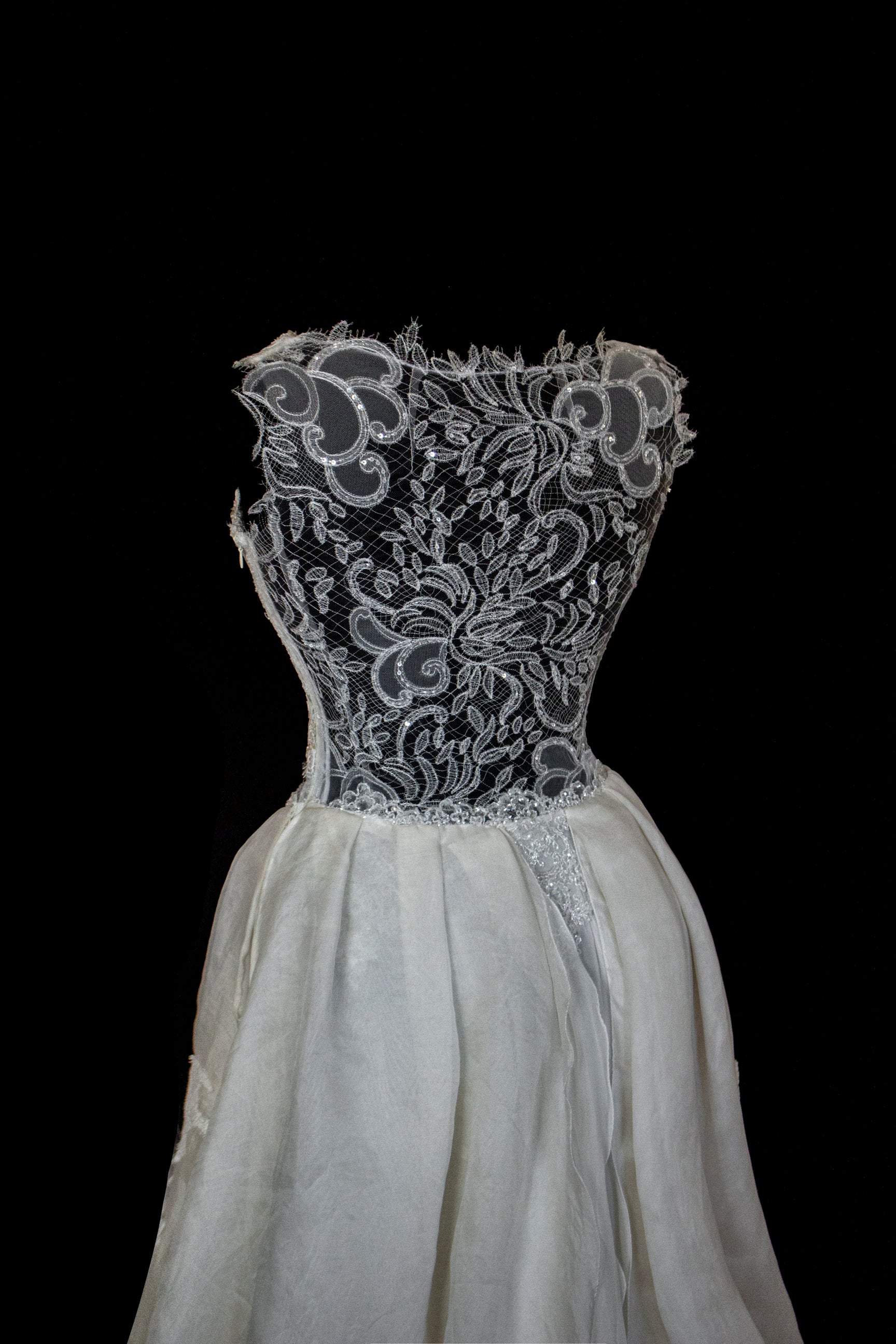 331 - ONE OF A KIND UPCYCLED VINTAGE BRIDAL GOWN: ASYMMETRIC LAYERED SILK CLOUD SKIRT & EMBROIDERED LACE - Vague atelier