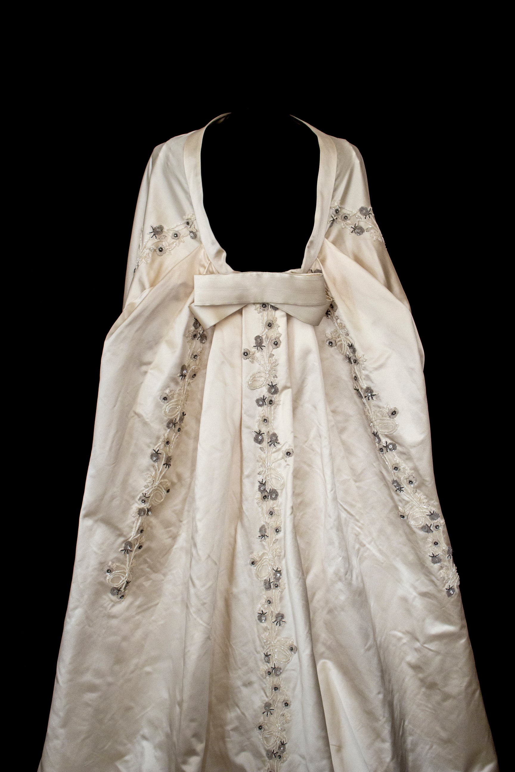 347 - UNIQUE UPCYCLED SILK SATIN WEDDING DRESS: POWDER PINK SLIP GOWN & IVORY CAPE ENSEMBLE, SILVER FLORAL EMBROIDERY, BOHO LUXURY