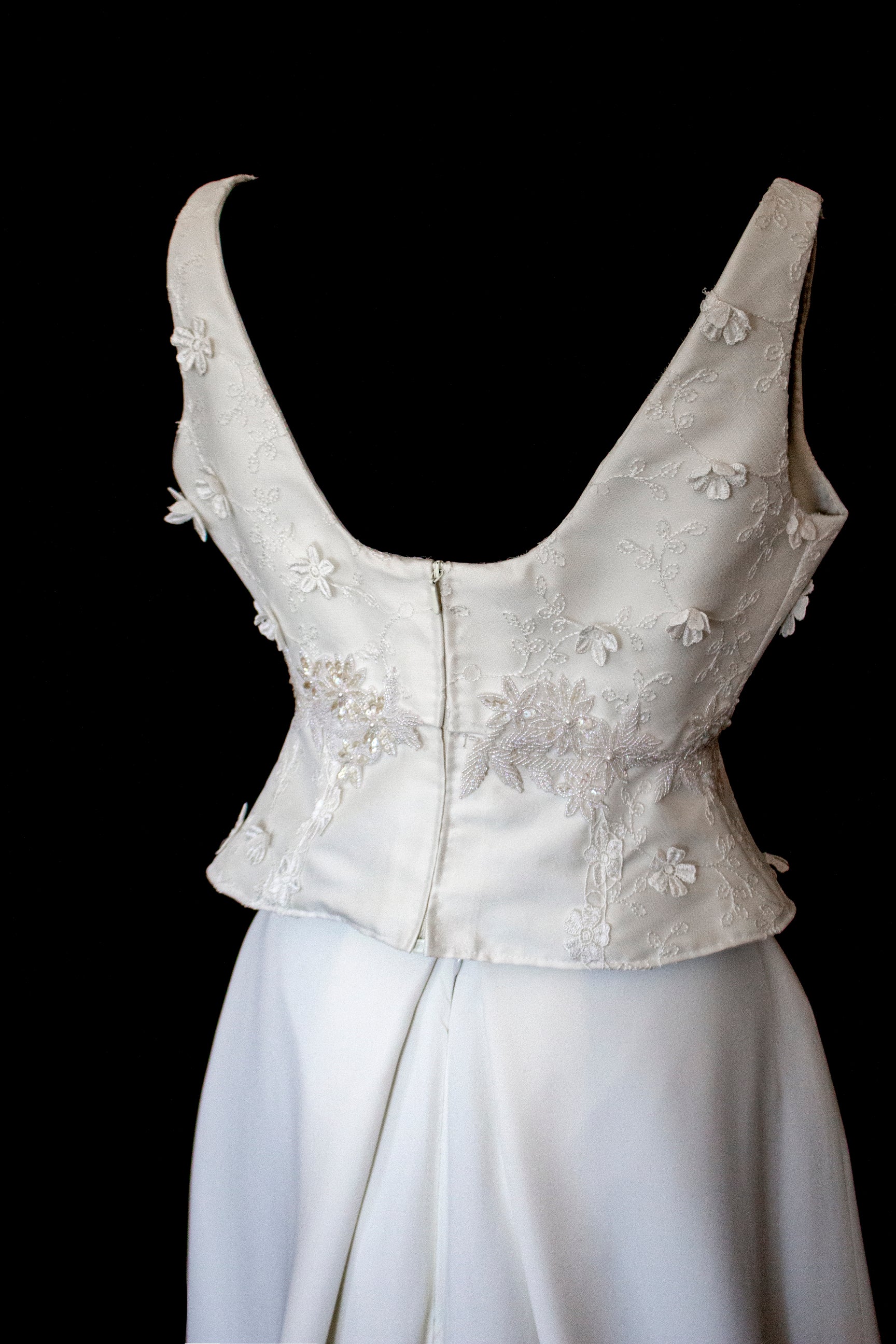 293 - UNIQUE UPCYCLED 3-PIECE BRIDAL SET: 3D FLORAL TOP, MIKADO SKIRT & BRIDAL VEST