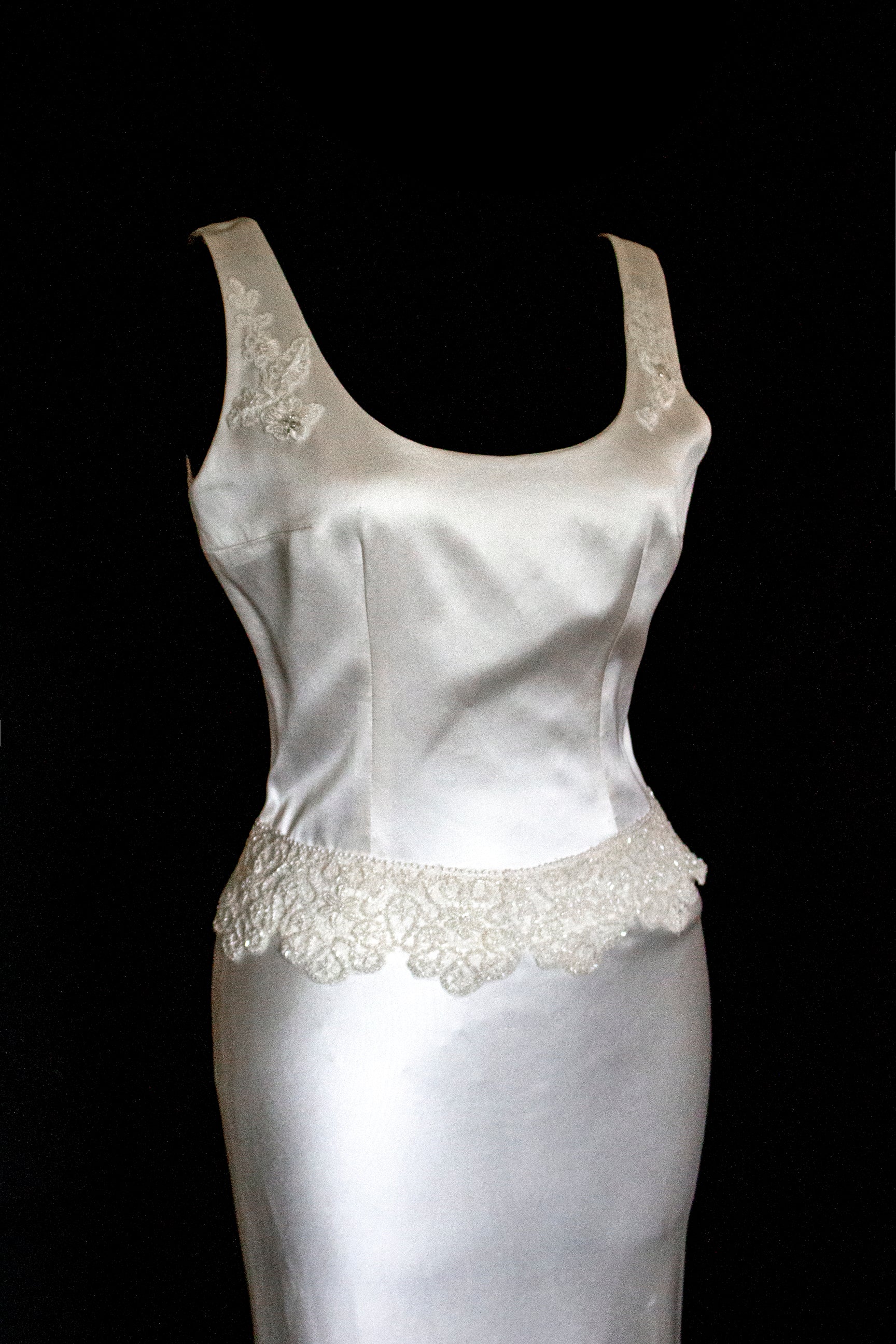 360 - VINTAGE SLIP STYLE WEDDING DRESS: CREAM FLUID SATIN GOWN WITH EMBROIDERED TULLE CAPE