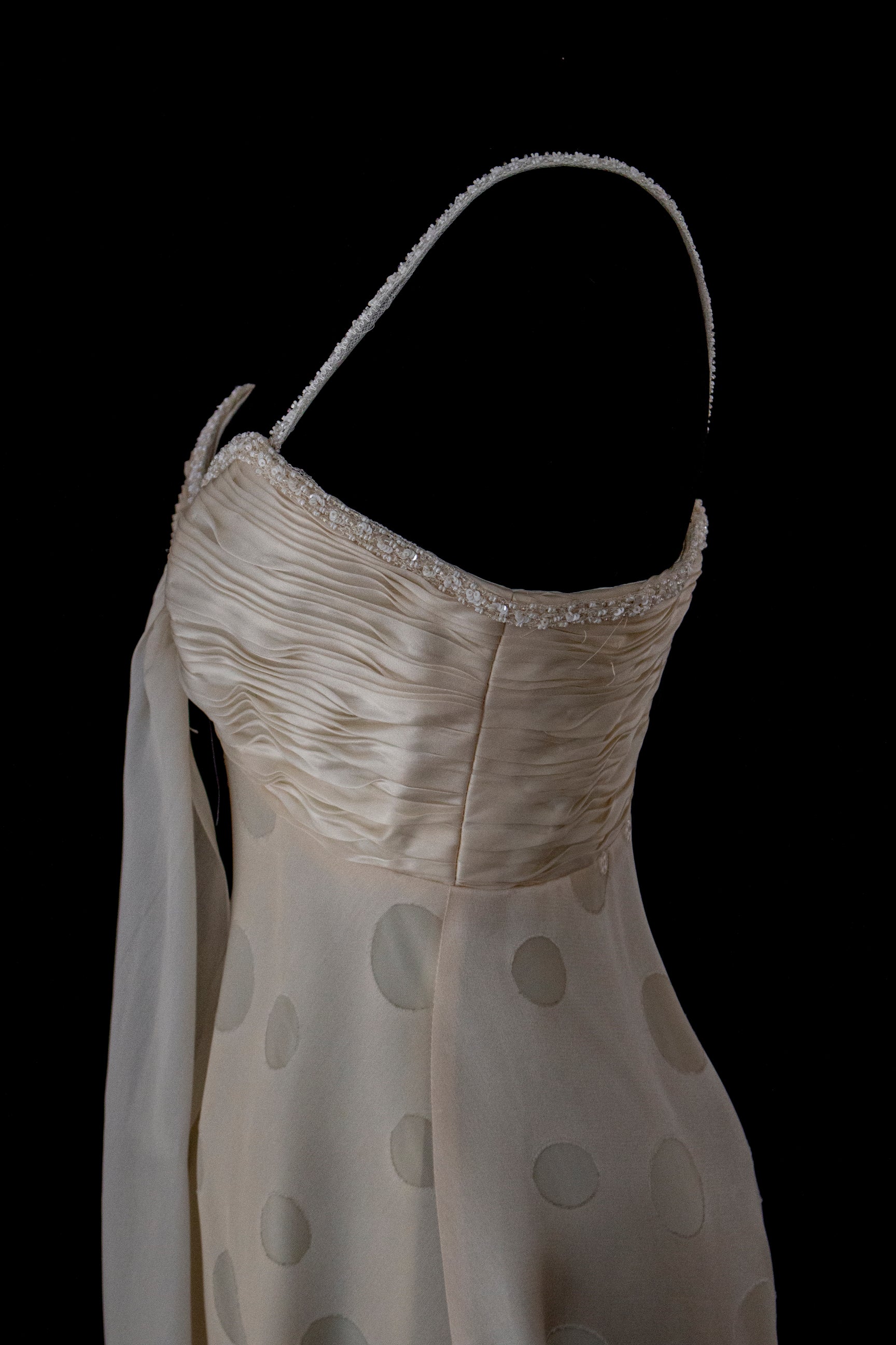 338 - IVORY CHAMPAGNE SILK ORGANZA WEDDING DRESS: POLKA / POIS DOT EMPIRE GOWN WITH BEADED STRAPS & FULL CIRCLE TRAIN - Vague atelier