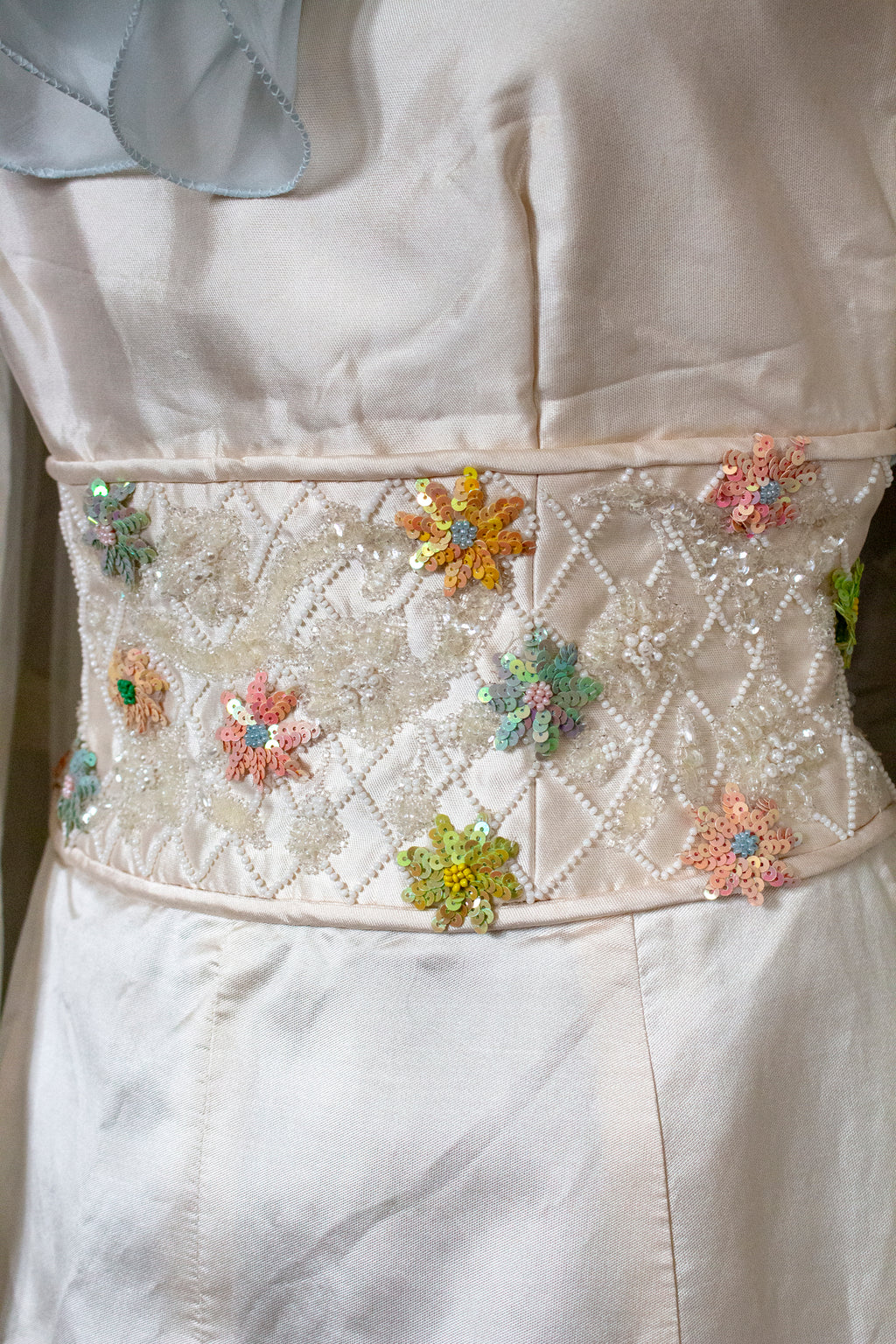 346 - UNIQUE UPCYCLED SILK TAFFETA WEDDING DRESS: PALE PINK MIKADO GOWN WITH MINT RUFFLE, SEQUIN FLORAL EMBROIDERY & MAXI STOLE