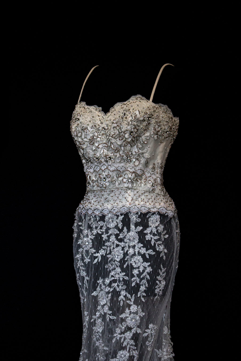 239 - VINTAGE OFF-WHITE MERMAID SWAROVSKI WEDDING DRESS: GOWN WITH NUDE POLKA DOT TULLE & SILVER FLORAL EMBROIDERY