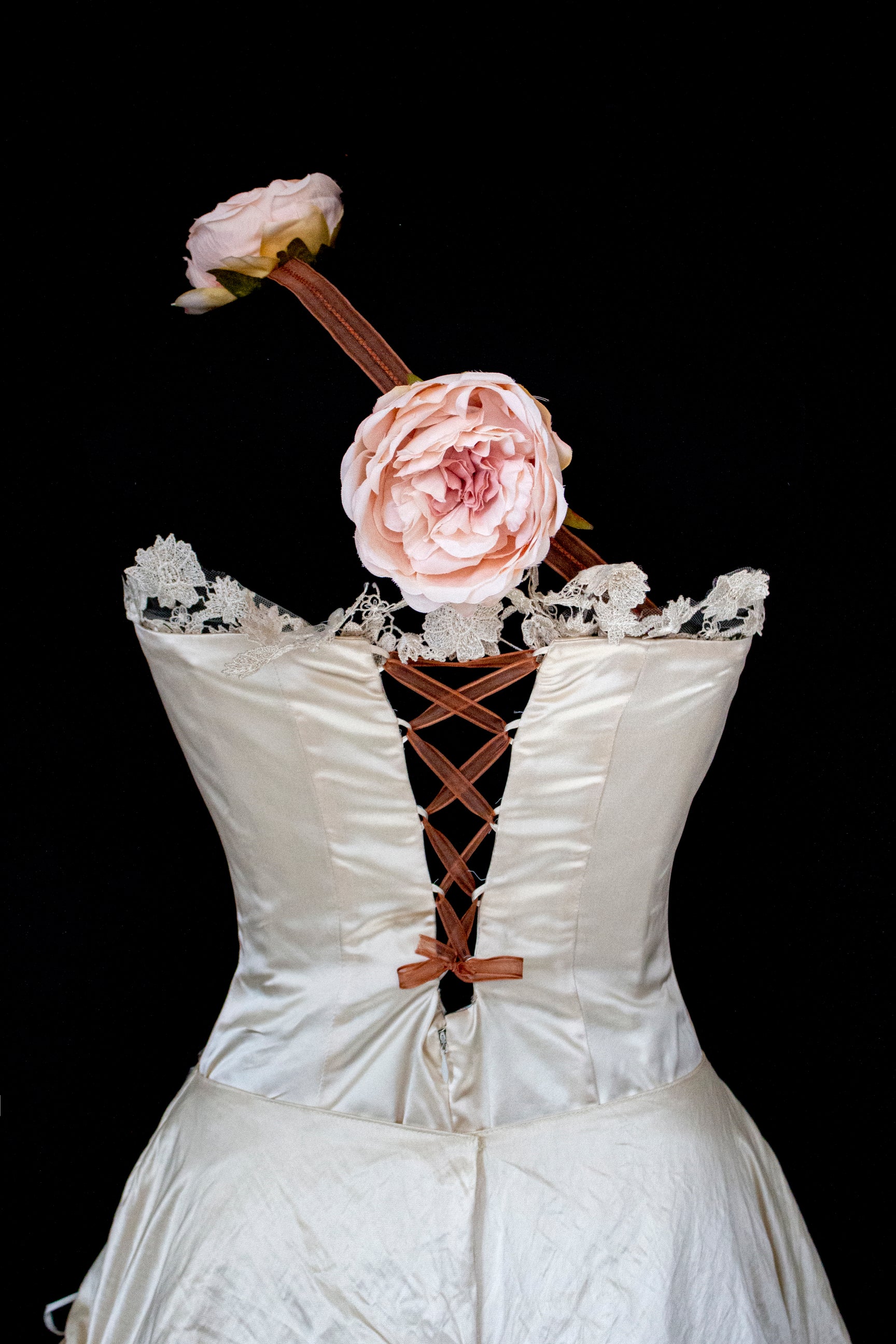 348 - UNIQUE UPCYCLED SILK MERMAID WEDDING DRESS: 90S CREAM TAFFETA GOWN WITH PINK PEONIES, EMBOSSED FLORAL DETAILS & BOHO ROMANTIC STYLE