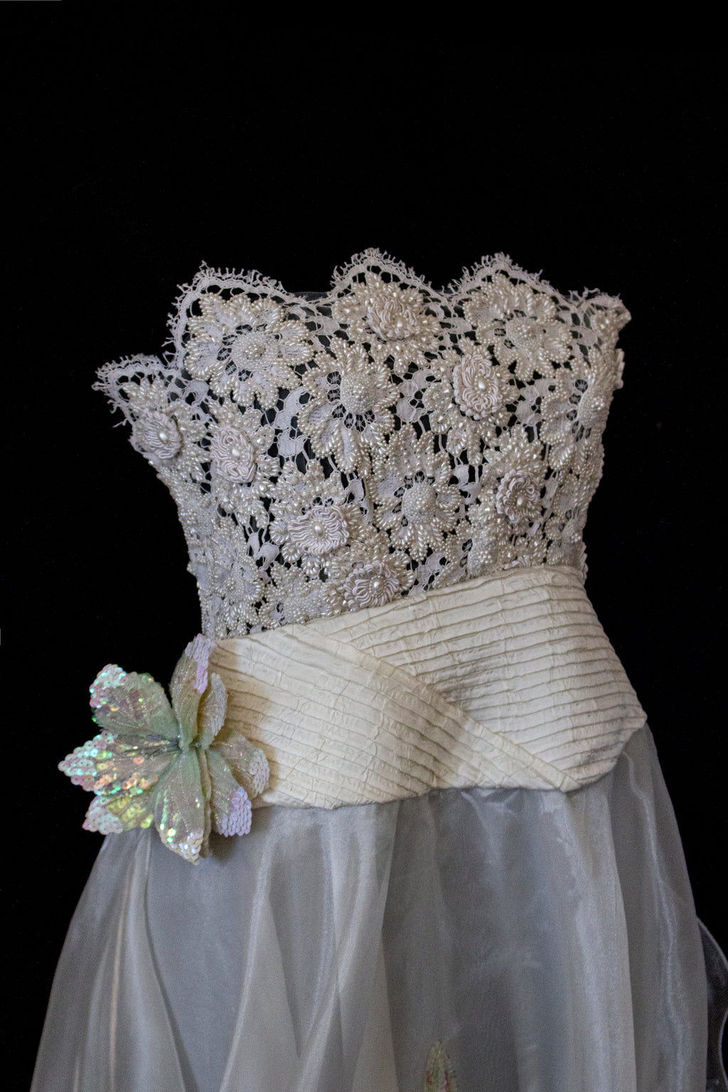 352 - UNIQUE 80S VINTAGE UPCYCLED WEDDING DRESS: EMPIRE WAIST SILK BRIDAL GOWN WITH IRIDESCENT ORGANZA & SEQUIN MAXI FLOWERS - Vague atelier