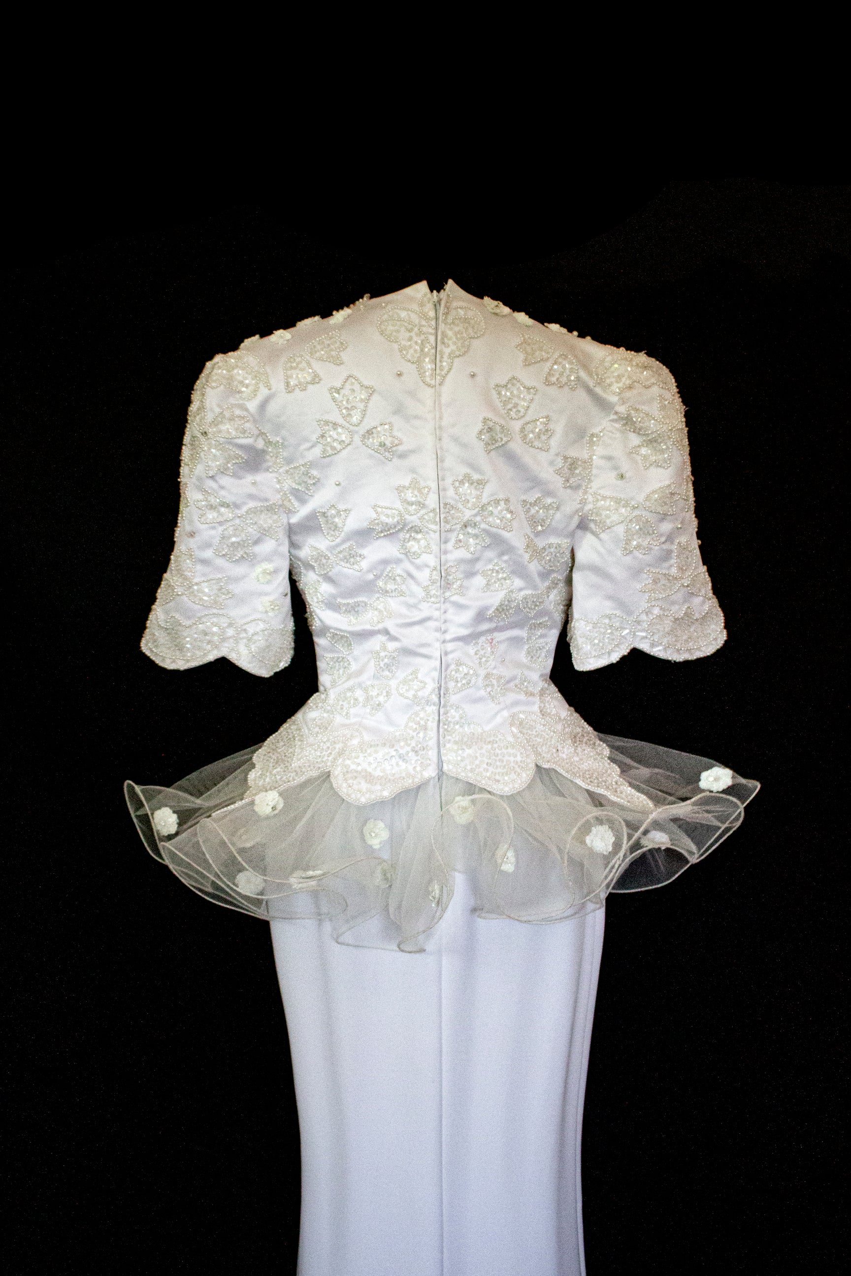 Vintage 80s Sheath Wedding Dress | Hand Embroidered Bridal Gown with Slit - 366