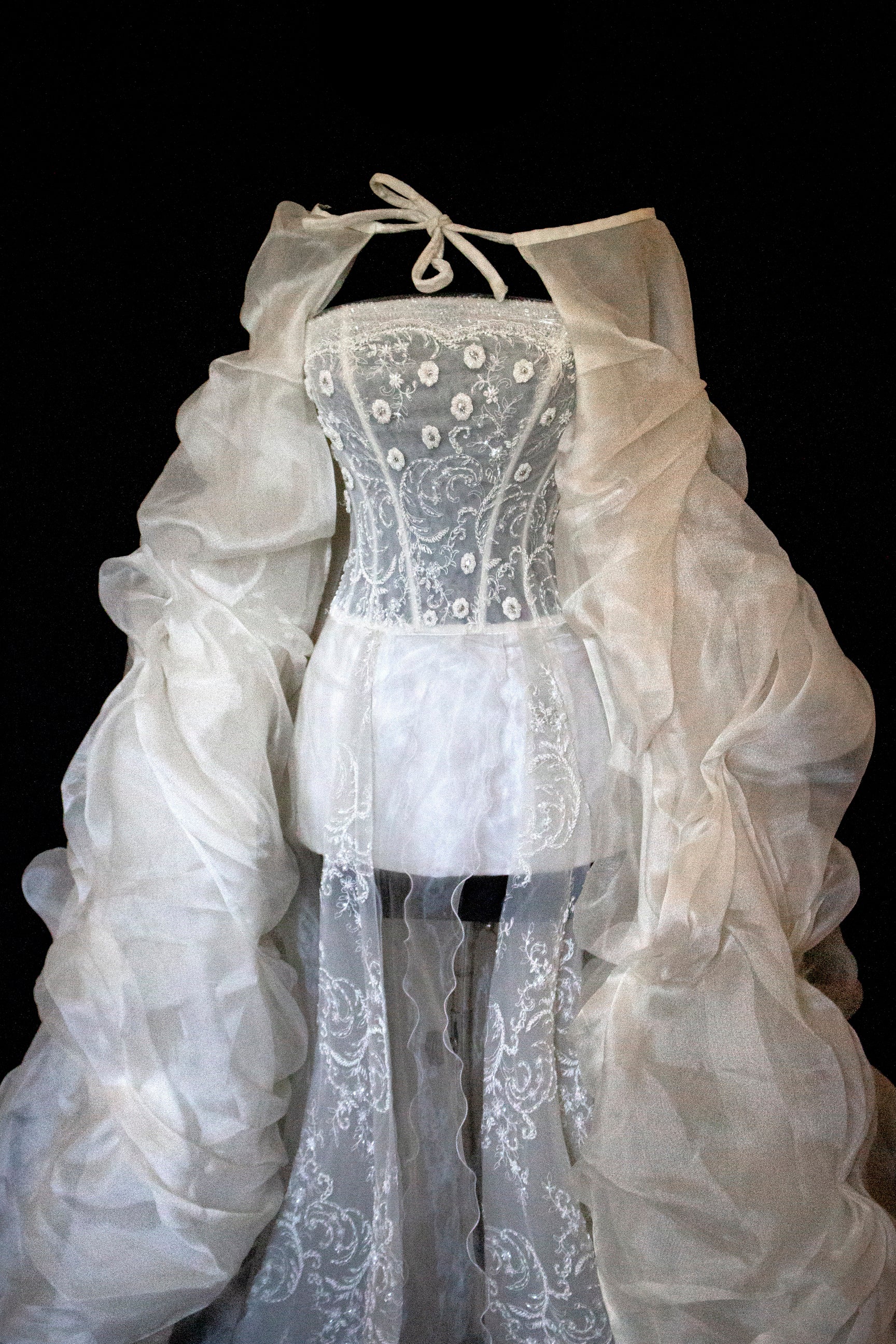 365 - VINTAGE 90s UPCYCLED EMBROIDERED WEDDING DRESS: STRAPLESS WRAP GOWN WITH IRIDESCENT DRAMA CAPE