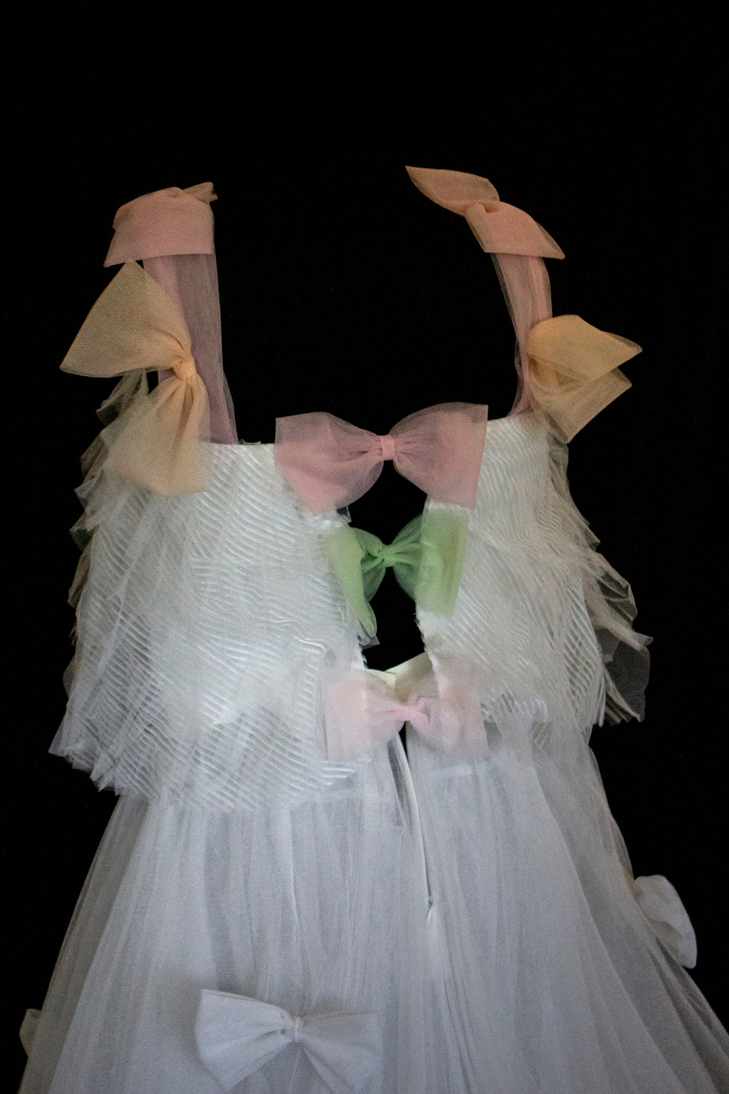 363 - VINTAGE 90s UPCYCLED TULLE 3-PIECE WEDDING DRESS: EMBROIDERED GOWN WITH HANDMADE BOWS AND CAPE