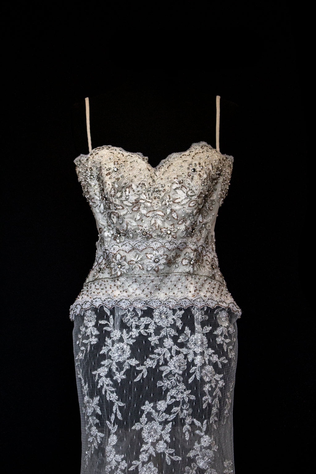 239 - VINTAGE OFF-WHITE MERMAID SWAROVSKI WEDDING DRESS: GOWN WITH NUDE POLKA DOT TULLE & SILVER FLORAL EMBROIDERY