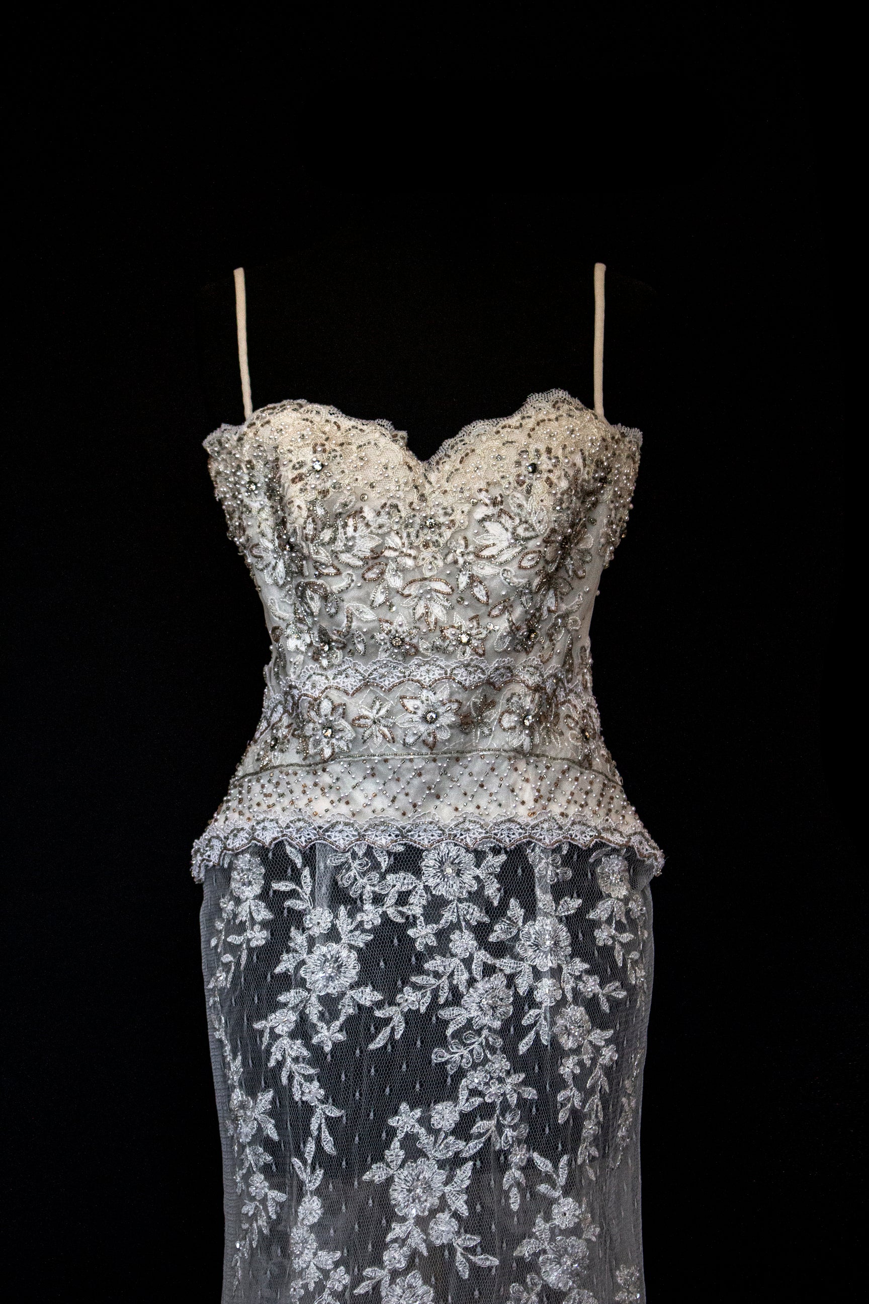 239 - VINTAGE OFF-WHITE MERMAID SWAROVSKI WEDDING DRESS: GOWN WITH NUDE POLKA DOT TULLE & SILVER FLORAL EMBROIDERY