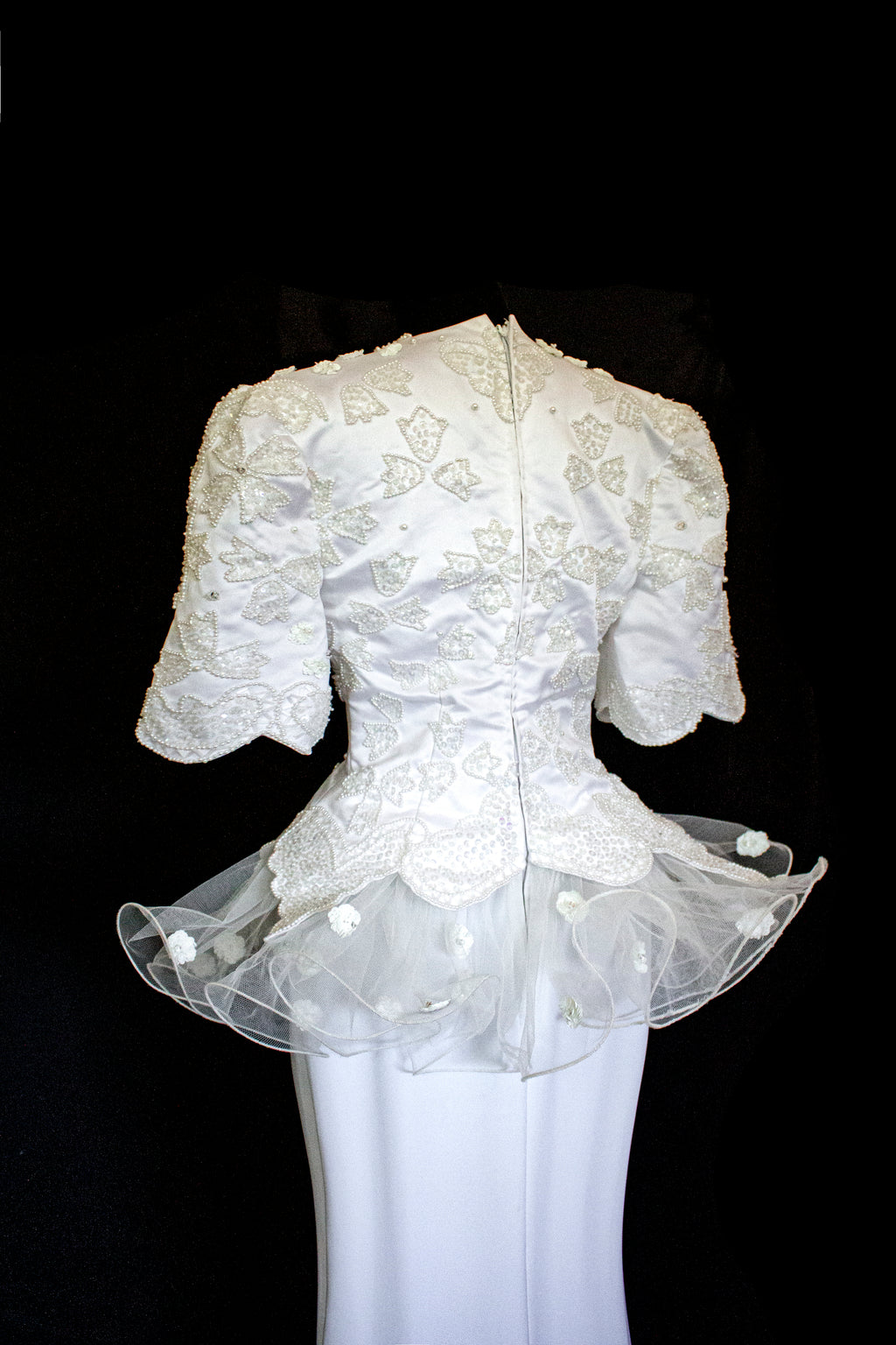Vintage 80s Sheath Wedding Dress | Hand Embroidered Bridal Gown with Slit - 366