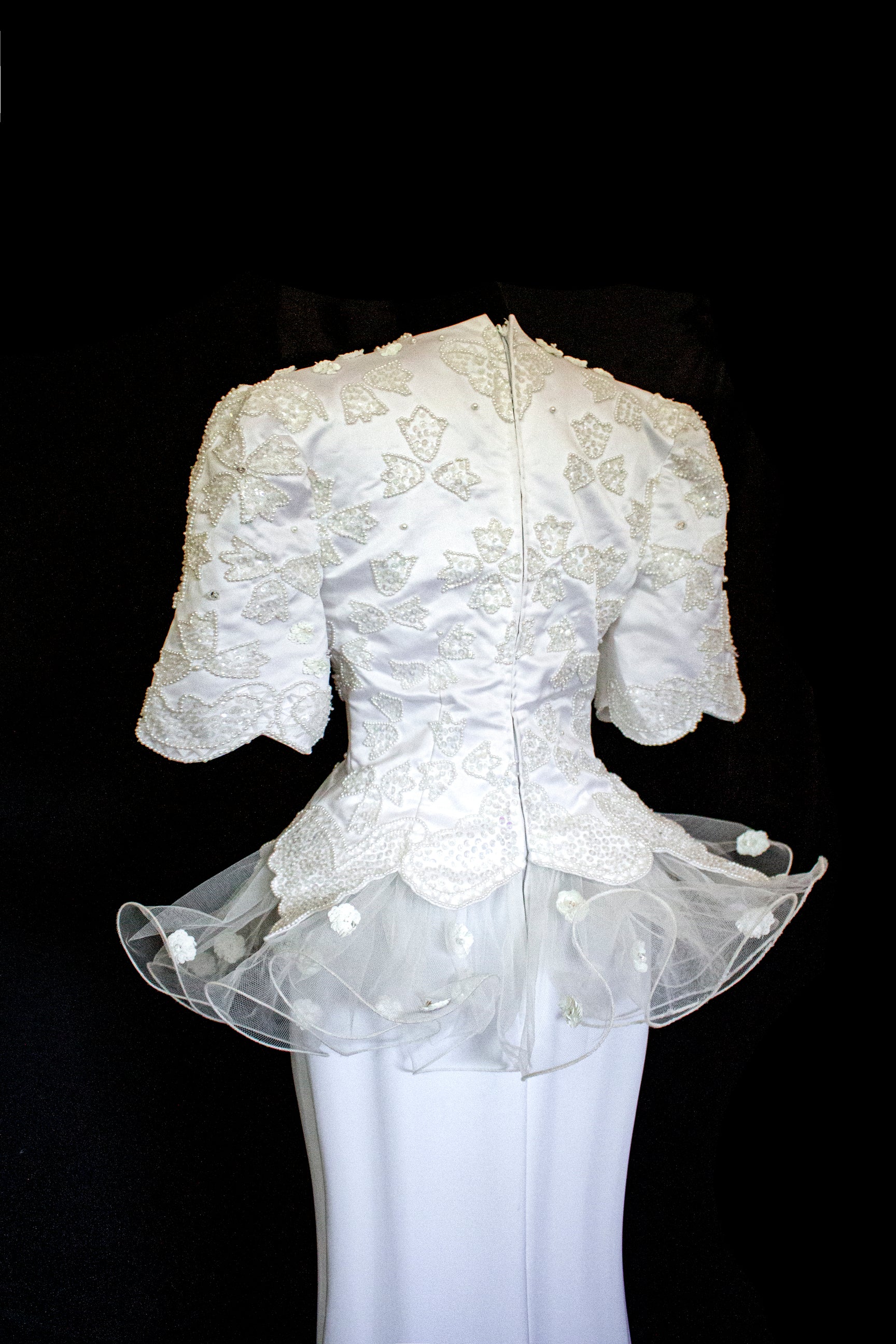 Vintage 80s Sheath Wedding Dress | Hand Embroidered Bridal Gown with Slit - 366