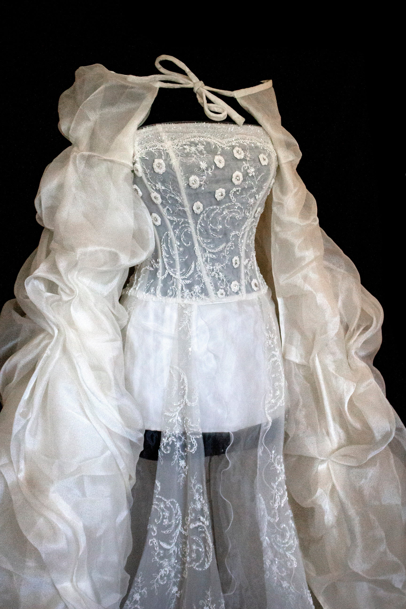 365 - VINTAGE 90s UPCYCLED EMBROIDERED WEDDING DRESS: STRAPLESS WRAP GOWN WITH IRIDESCENT DRAMA CAPE