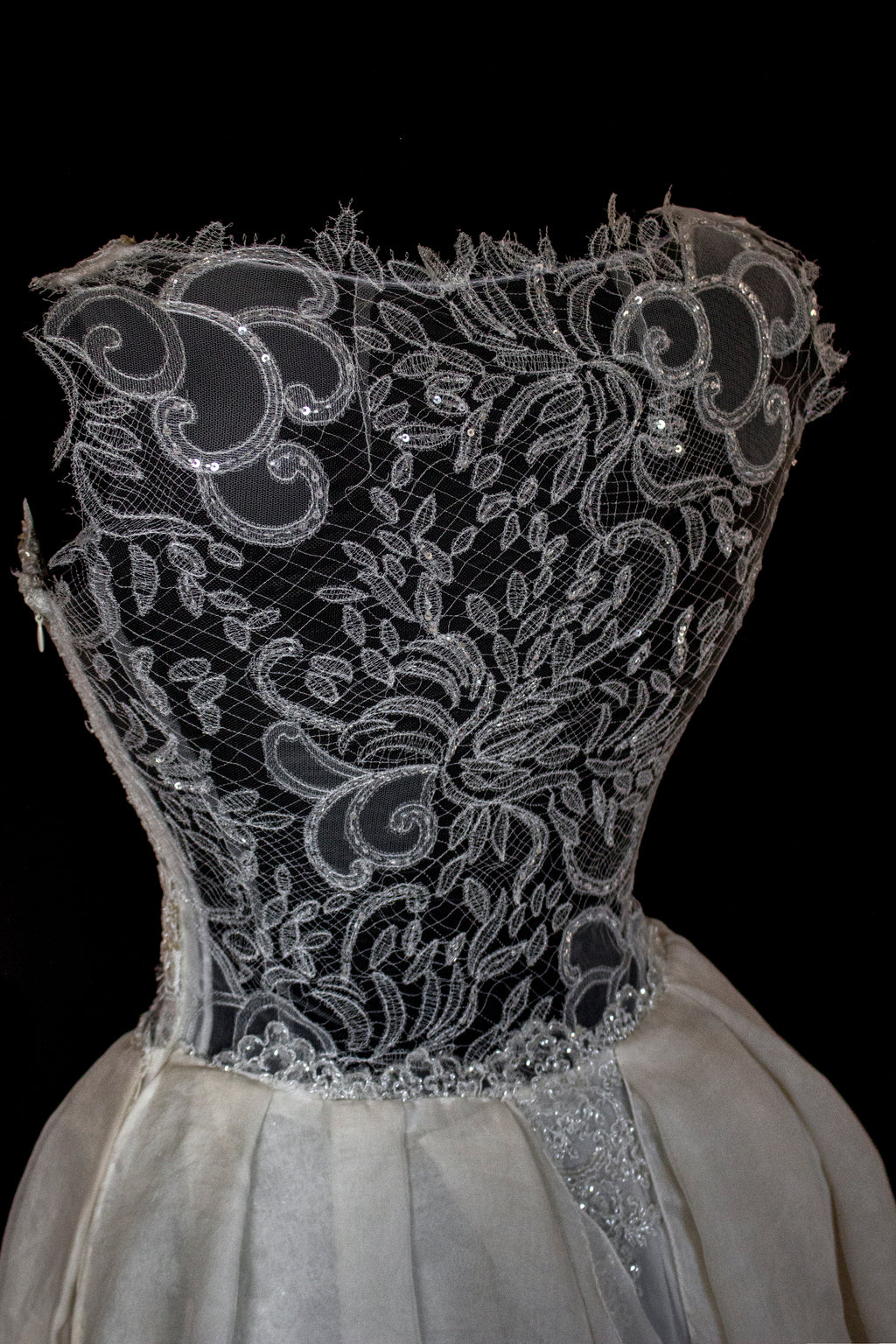 331 - ONE OF A KIND UPCYCLED VINTAGE BRIDAL GOWN: ASYMMETRIC LAYERED SILK CLOUD SKIRT & EMBROIDERED LACE - Vague atelier