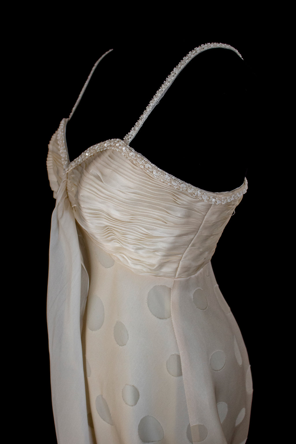 338 - IVORY CHAMPAGNE SILK ORGANZA WEDDING DRESS: POLKA / POIS DOT EMPIRE GOWN WITH BEADED STRAPS & FULL CIRCLE TRAIN - Vague atelier