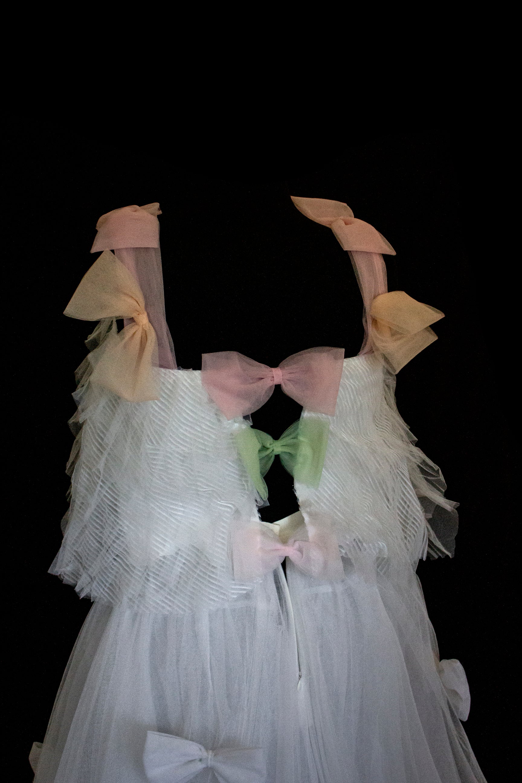363 - VINTAGE 90s UPCYCLED TULLE 3-PIECE WEDDING DRESS: EMBROIDERED GOWN WITH HANDMADE BOWS AND CAPE