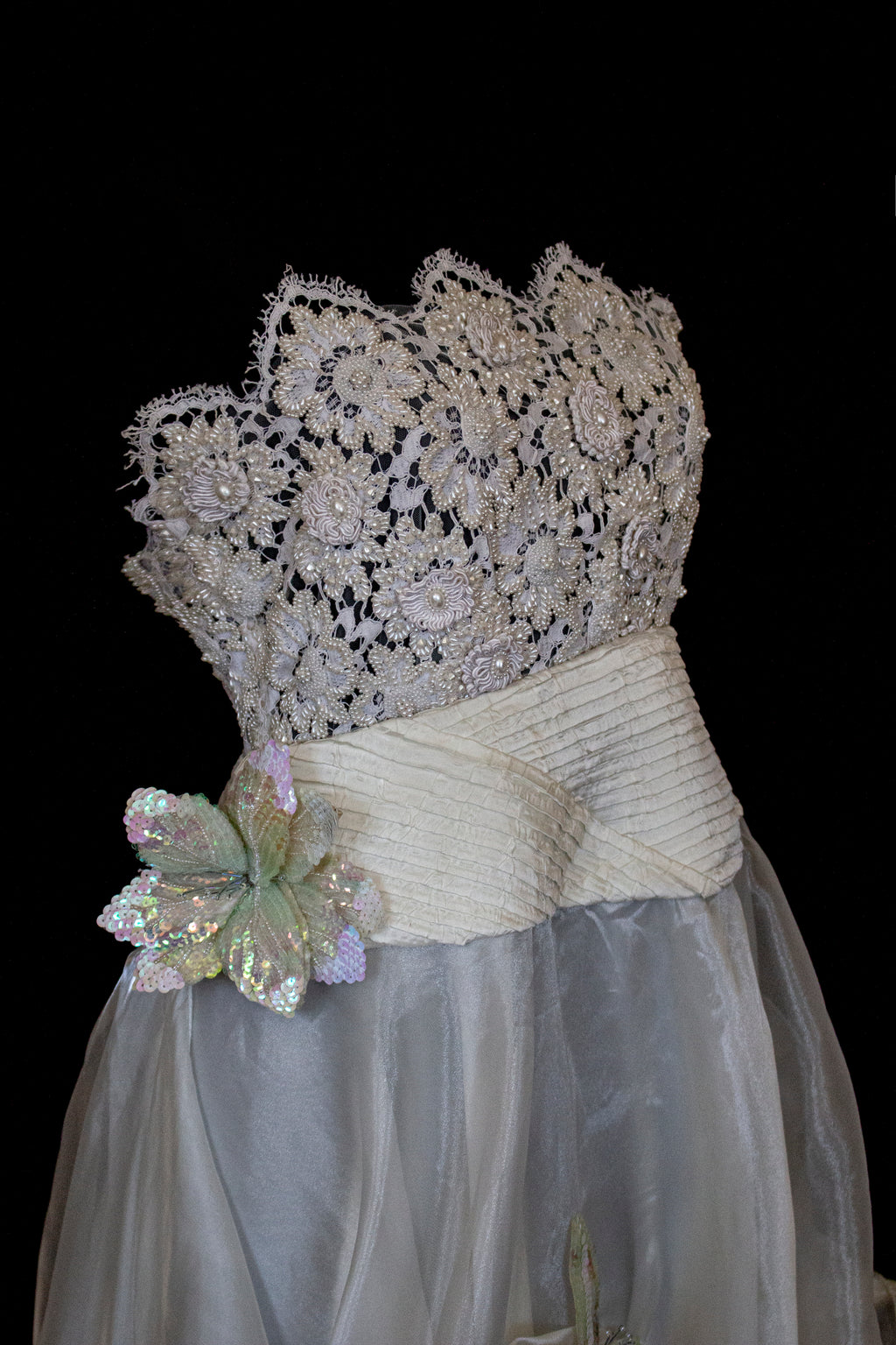 352 - UNIQUE 80S VINTAGE UPCYCLED WEDDING DRESS: EMPIRE WAIST SILK BRIDAL GOWN WITH IRIDESCENT ORGANZA & SEQUIN MAXI FLOWERS - Vague atelier