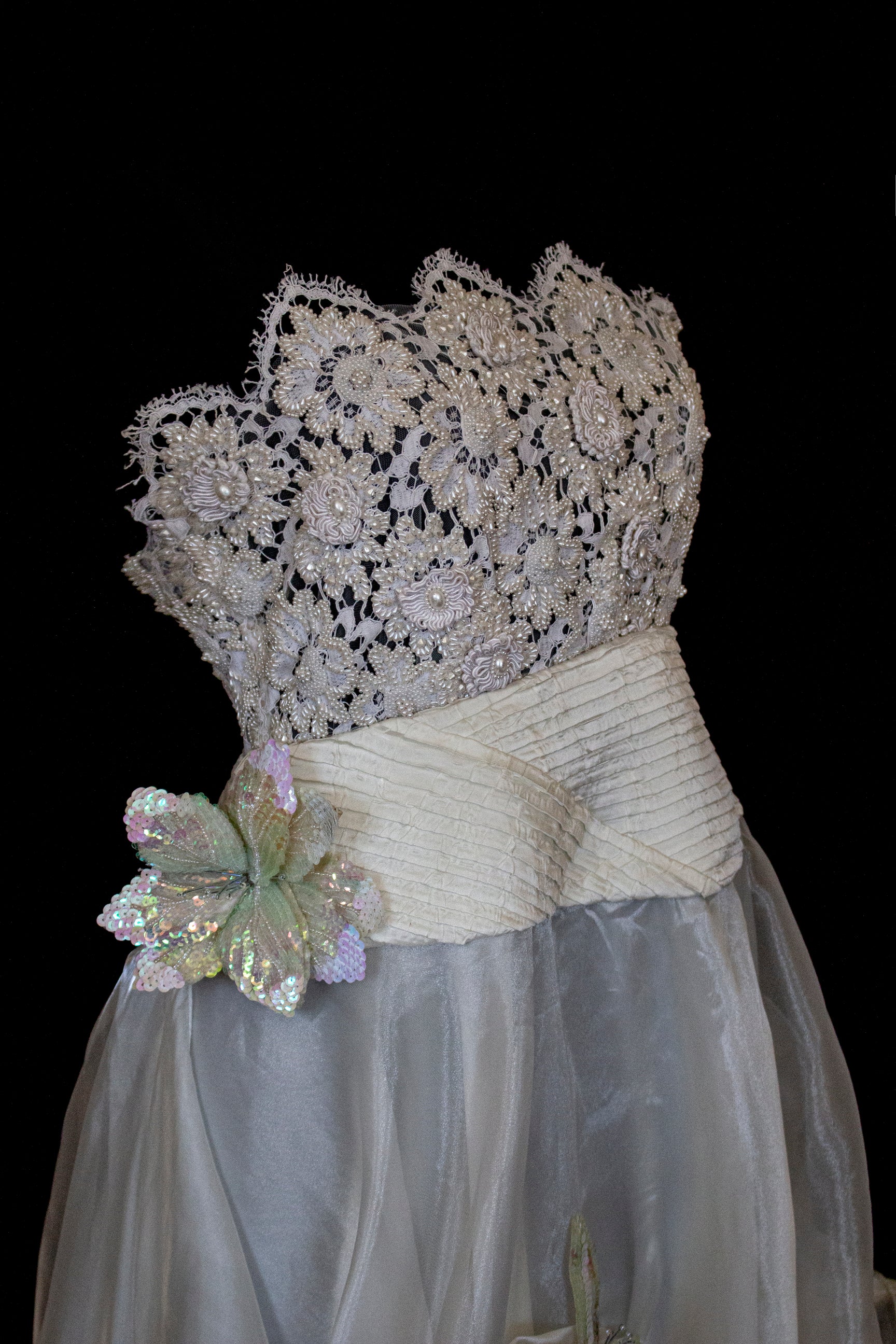 352 - UNIQUE 80S VINTAGE UPCYCLED WEDDING DRESS: EMPIRE WAIST SILK BRIDAL GOWN WITH IRIDESCENT ORGANZA & SEQUIN MAXI FLOWERS - Vague atelier