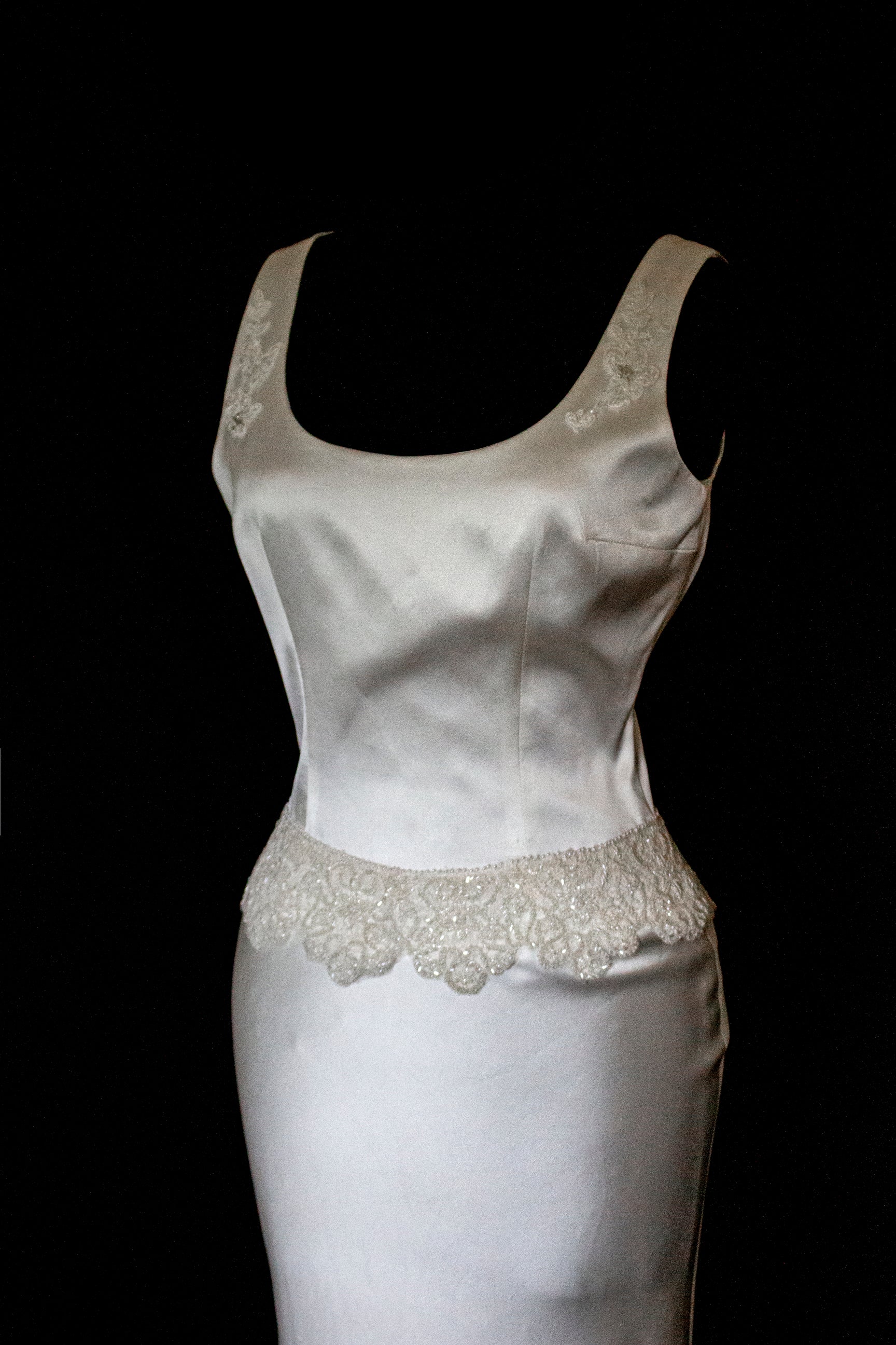 360 - VINTAGE SLIP STYLE WEDDING DRESS: CREAM FLUID SATIN GOWN WITH EMBROIDERED TULLE CAPE