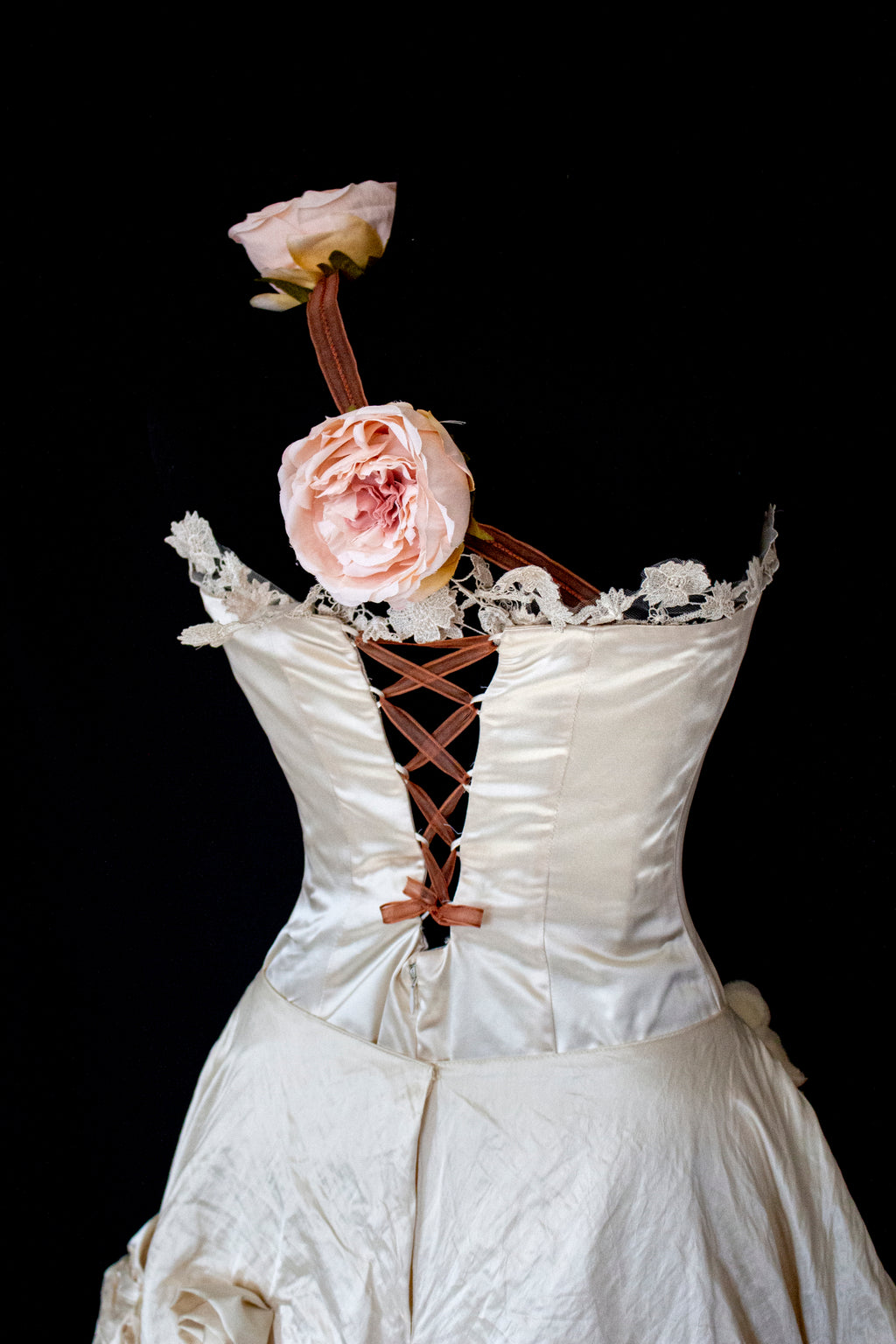 348 - UNIQUE UPCYCLED SILK MERMAID WEDDING DRESS: 90S CREAM TAFFETA GOWN WITH PINK PEONIES, EMBOSSED FLORAL DETAILS & BOHO ROMANTIC STYLE