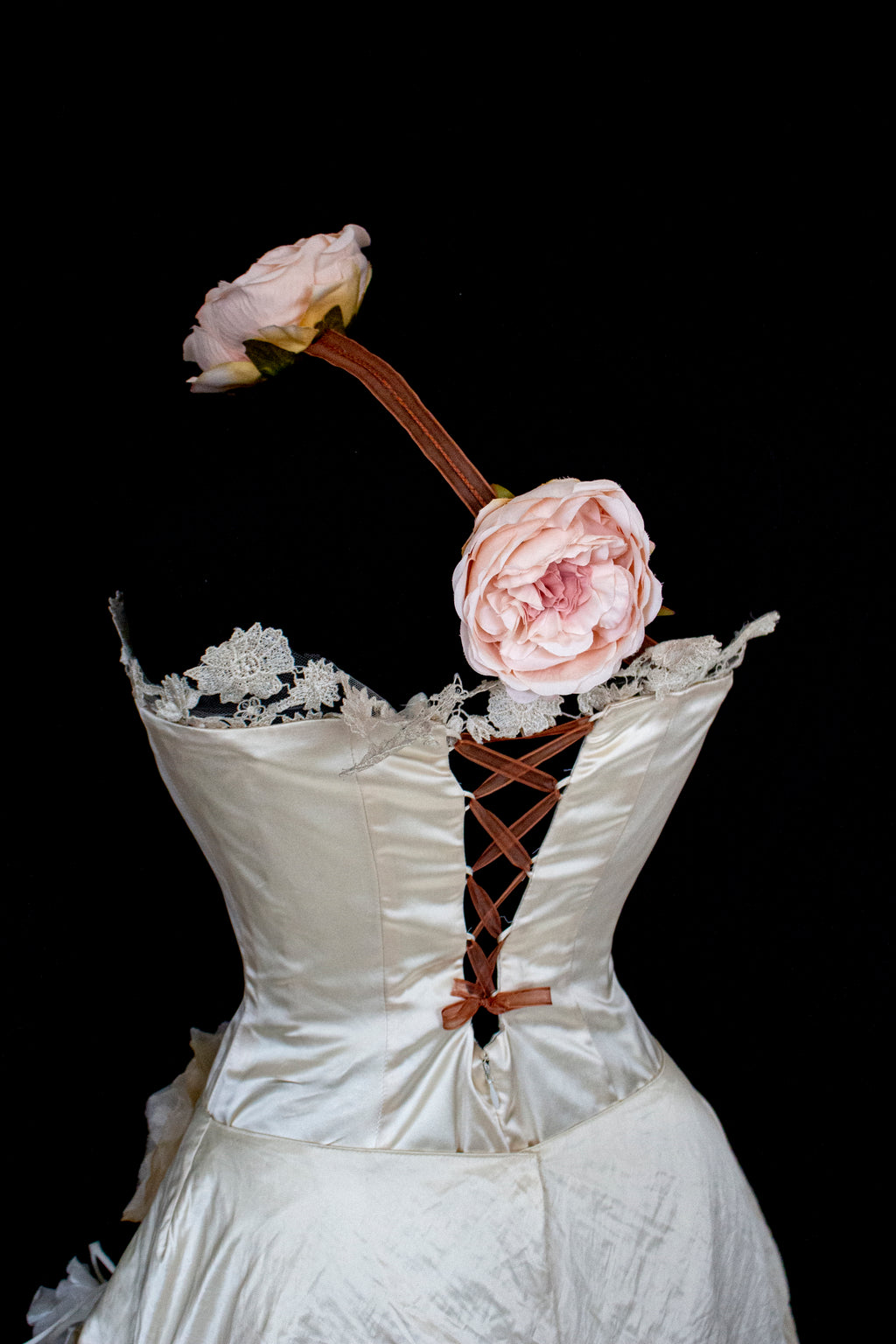 348 - UNIQUE UPCYCLED SILK MERMAID WEDDING DRESS: 90S CREAM TAFFETA GOWN WITH PINK PEONIES, EMBOSSED FLORAL DETAILS & BOHO ROMANTIC STYLE