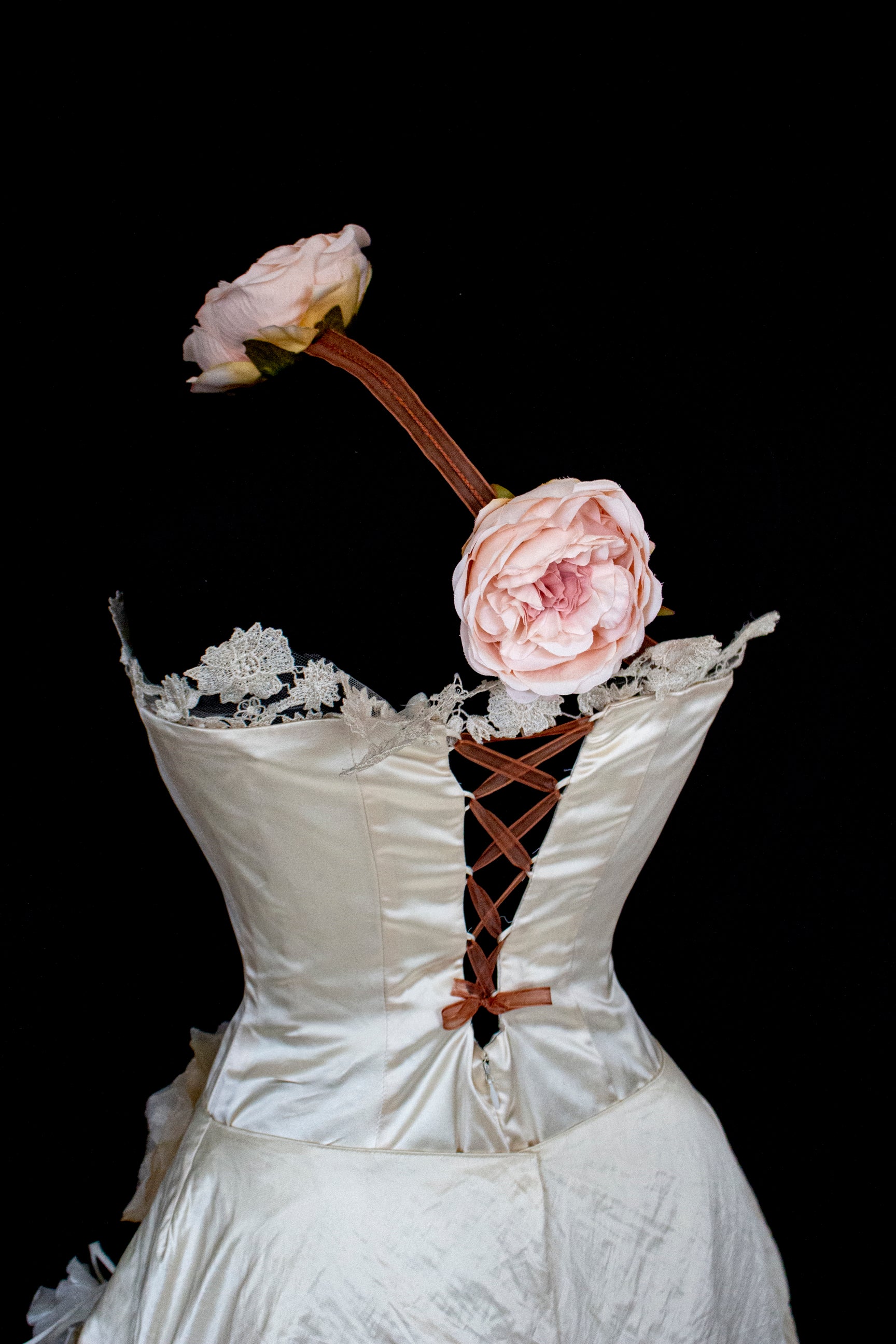 348 - UNIQUE UPCYCLED SILK MERMAID WEDDING DRESS: 90S CREAM TAFFETA GOWN WITH PINK PEONIES, EMBOSSED FLORAL DETAILS & BOHO ROMANTIC STYLE