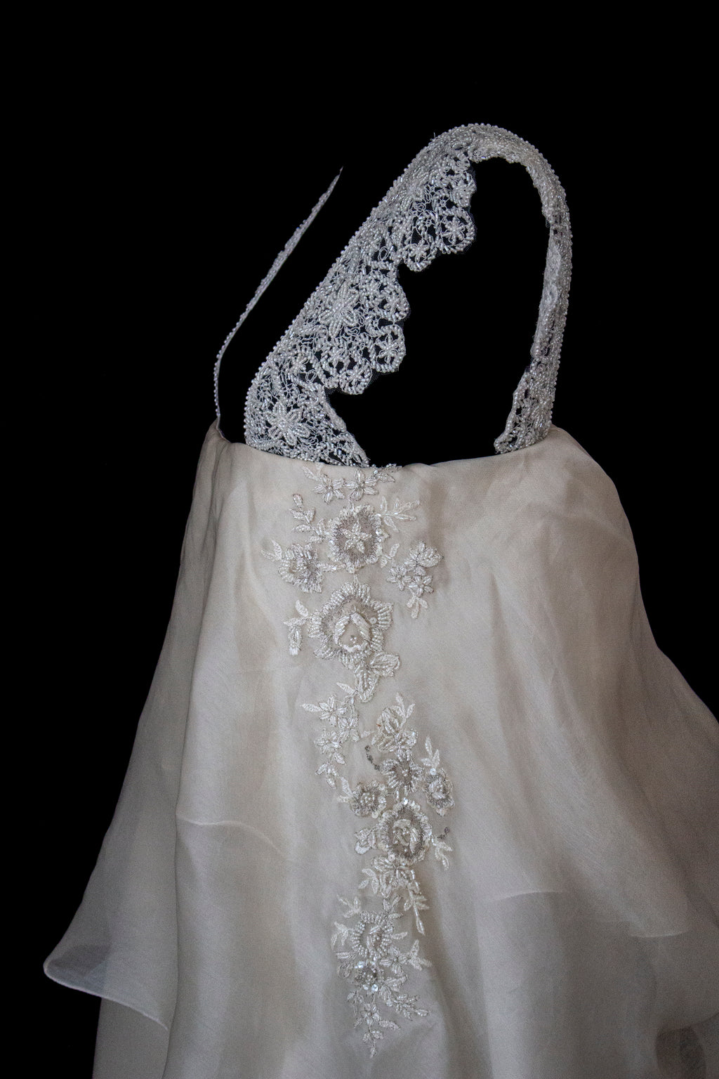 344 - UNIQUE UPCYCLED SILK ORGANZA WEDDING DRESS: PEARL GREY & BRONZE RUFFLED GOWN, SILVER EMBROIDERY, LUXURY SUSTAINABLE BRIDAL DRESS - Vague atelier