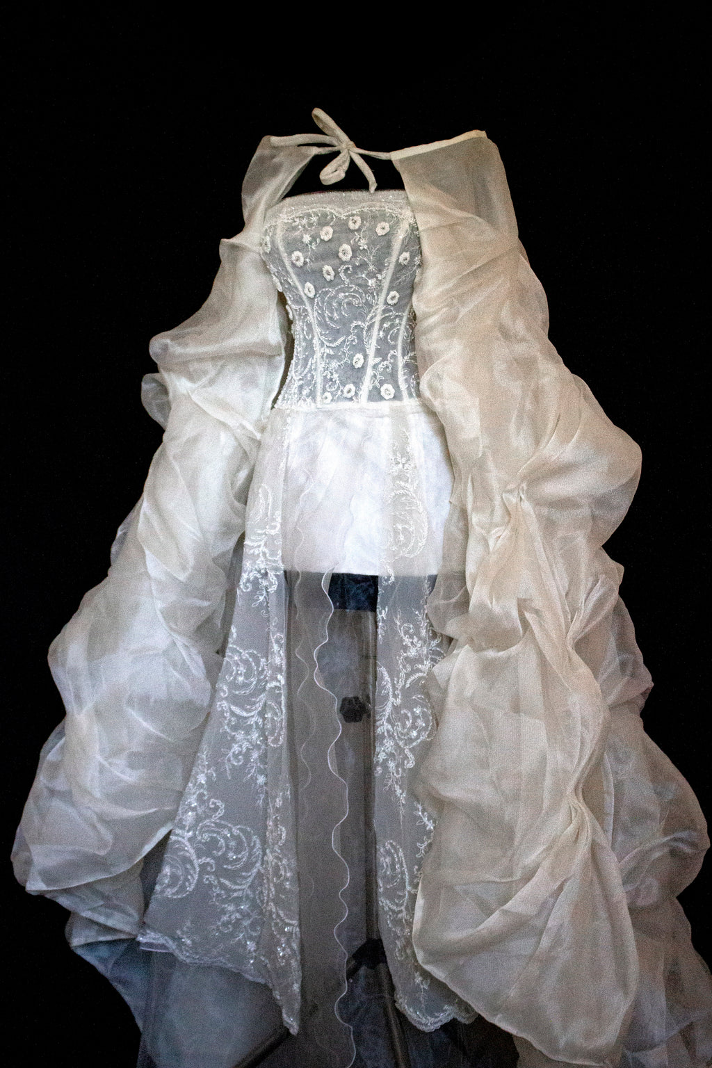 365 - VINTAGE 90s UPCYCLED EMBROIDERED WEDDING DRESS: STRAPLESS WRAP GOWN WITH IRIDESCENT DRAMA CAPE