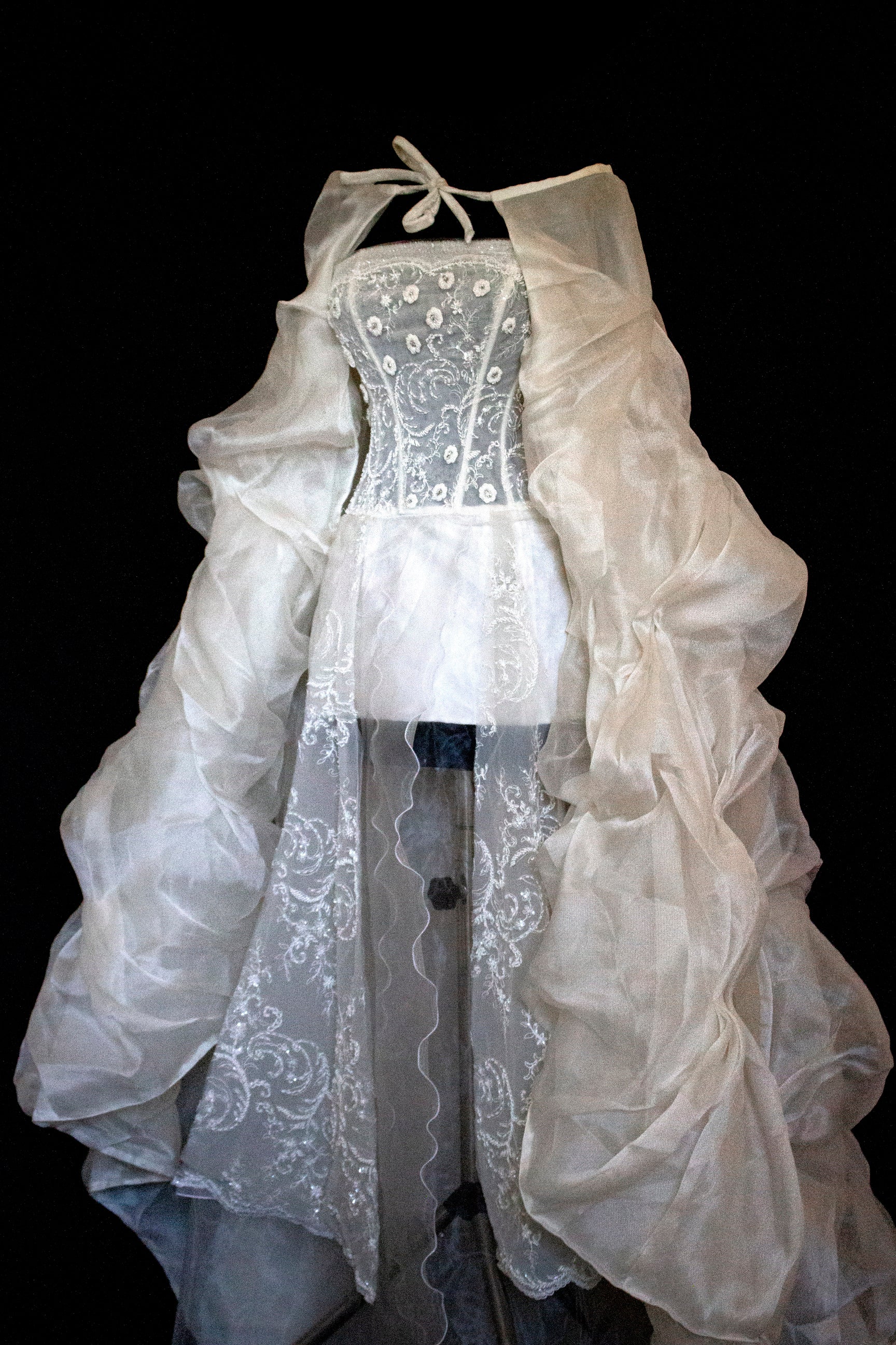 365 - VINTAGE 90s UPCYCLED EMBROIDERED WEDDING DRESS: STRAPLESS WRAP GOWN WITH IRIDESCENT DRAMA CAPE
