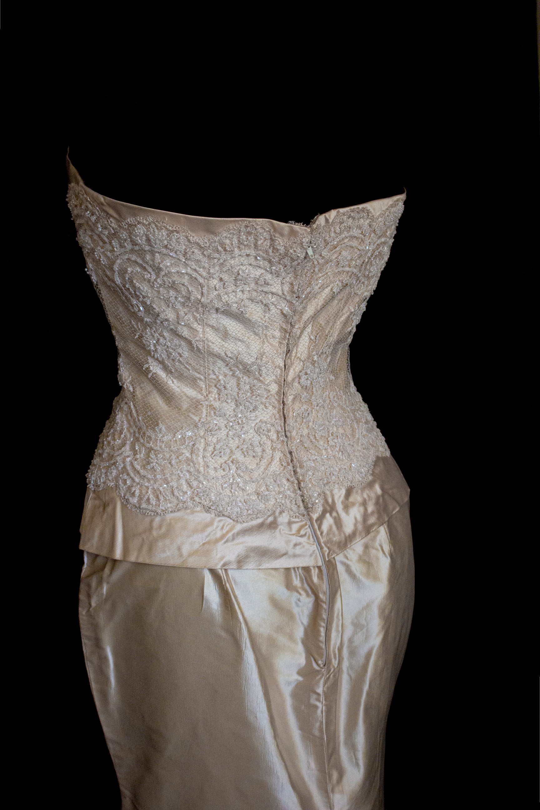 334 - IVORY SILK MIKADO VINTAGE WEDDING DRESS: COLUMN GOWN WITH EMBROIDERED CAPE & CRYSTALS - Vague atelier