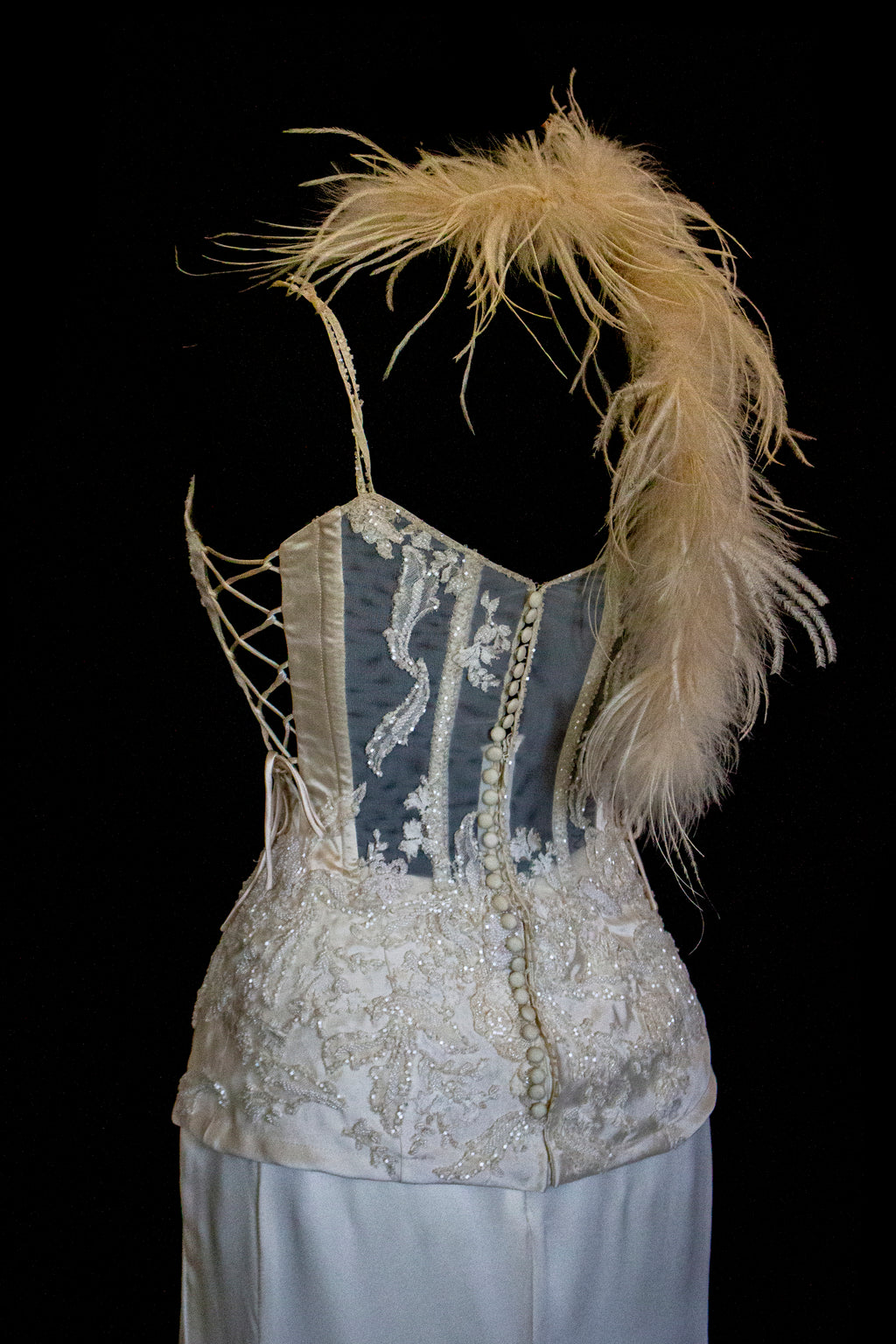362 - VINTAGE 90s SILK BRIDAL TWO PIECE SET: EMBROIDERED BUSTIER AND FLUID CREAM SKIRT