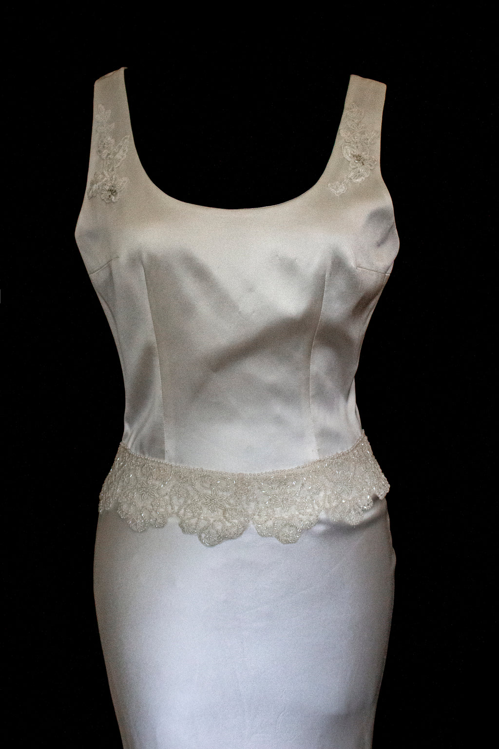 360 - VINTAGE SLIP STYLE WEDDING DRESS: CREAM FLUID SATIN GOWN WITH EMBROIDERED TULLE CAPE