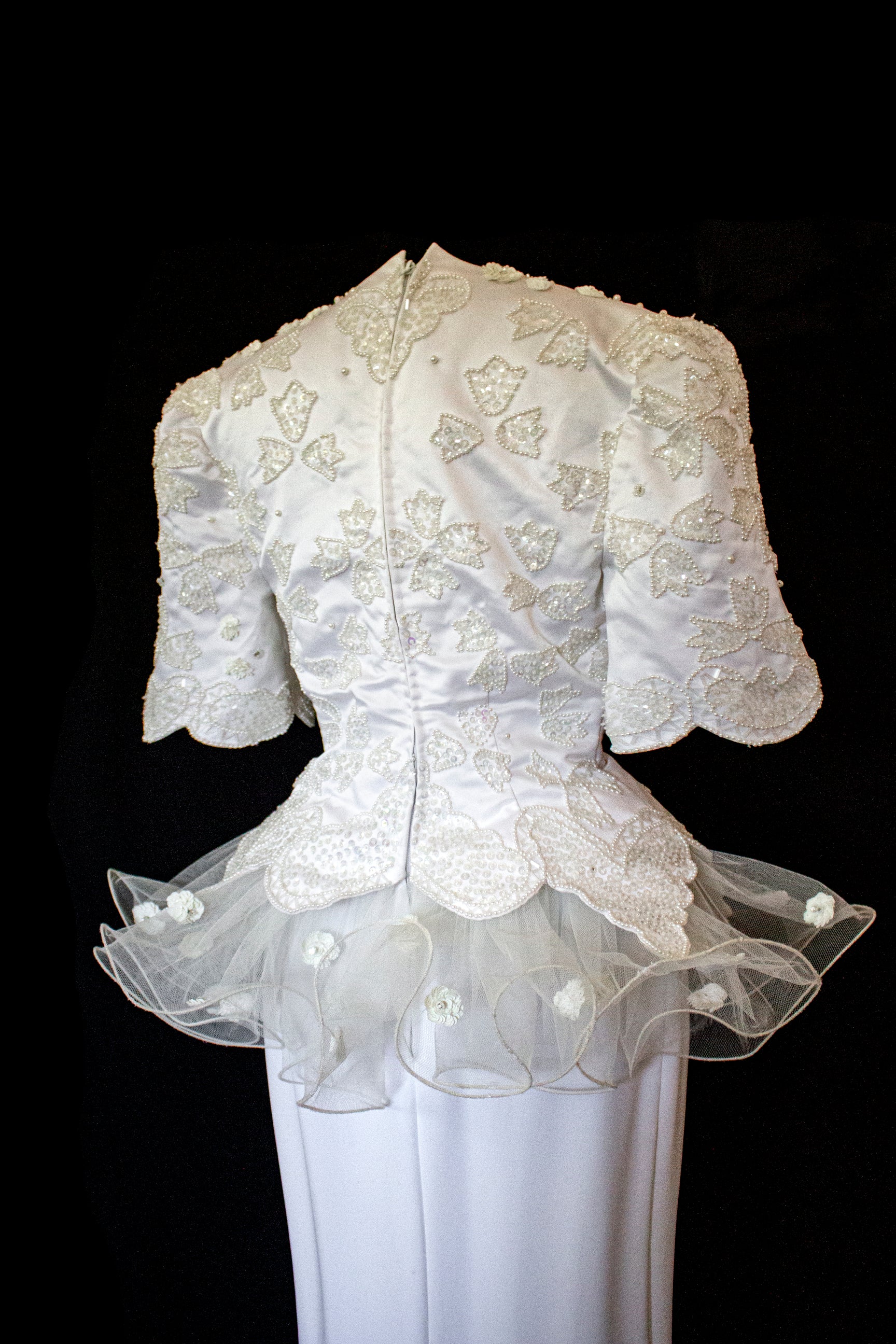 Vintage 80s Sheath Wedding Dress | Hand Embroidered Bridal Gown with Slit - 366