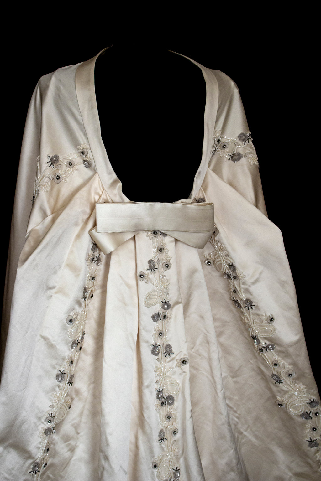 347 - UNIQUE UPCYCLED SILK SATIN WEDDING DRESS: POWDER PINK SLIP GOWN & IVORY CAPE ENSEMBLE, SILVER FLORAL EMBROIDERY, BOHO LUXURY